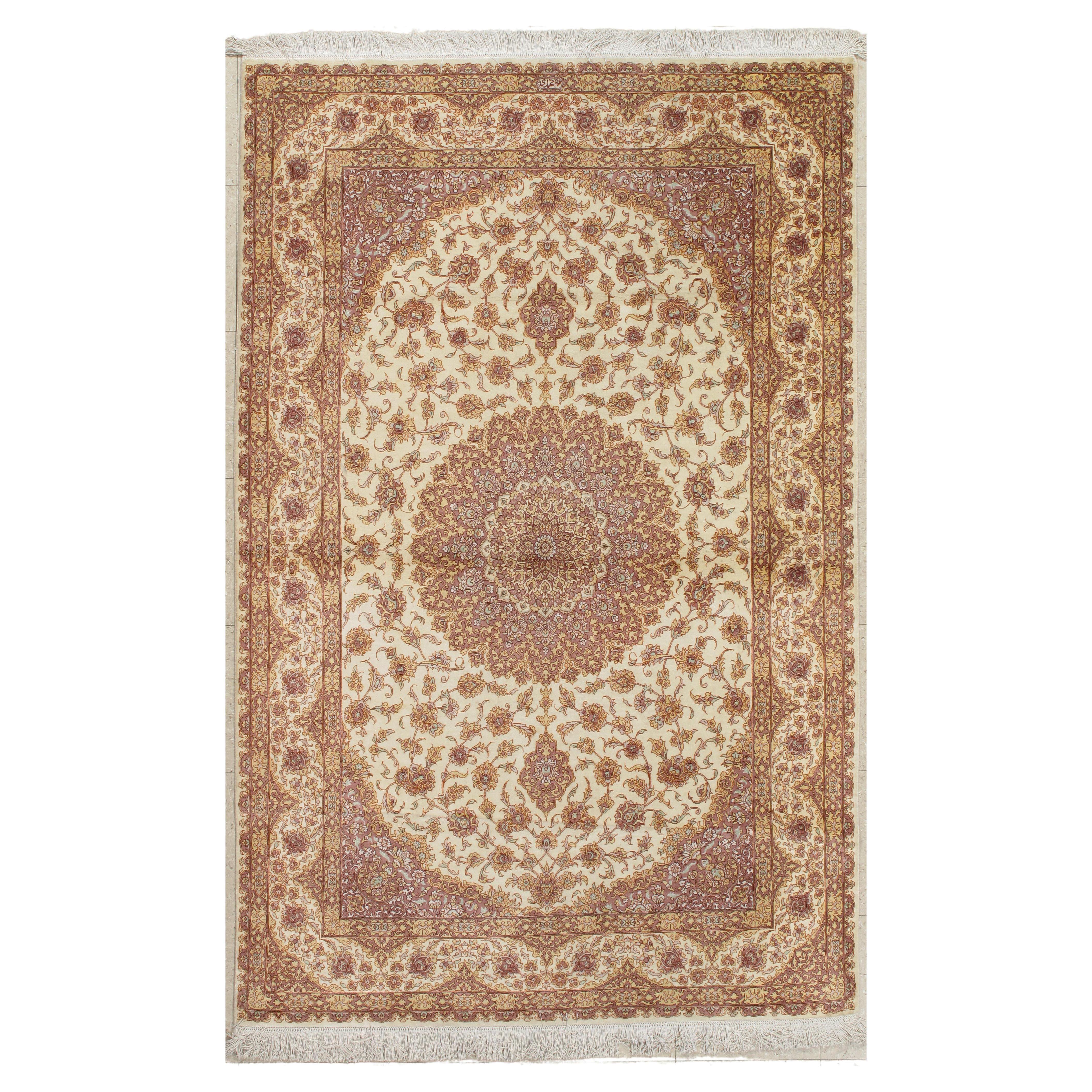 Rare Finely Woven Persian Silk Qum, Handmade Oriental Rug, Soft Ivory