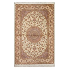 Vintage Rare Finely Woven Persian Silk Qum, Handmade Oriental Rug, Soft Ivory