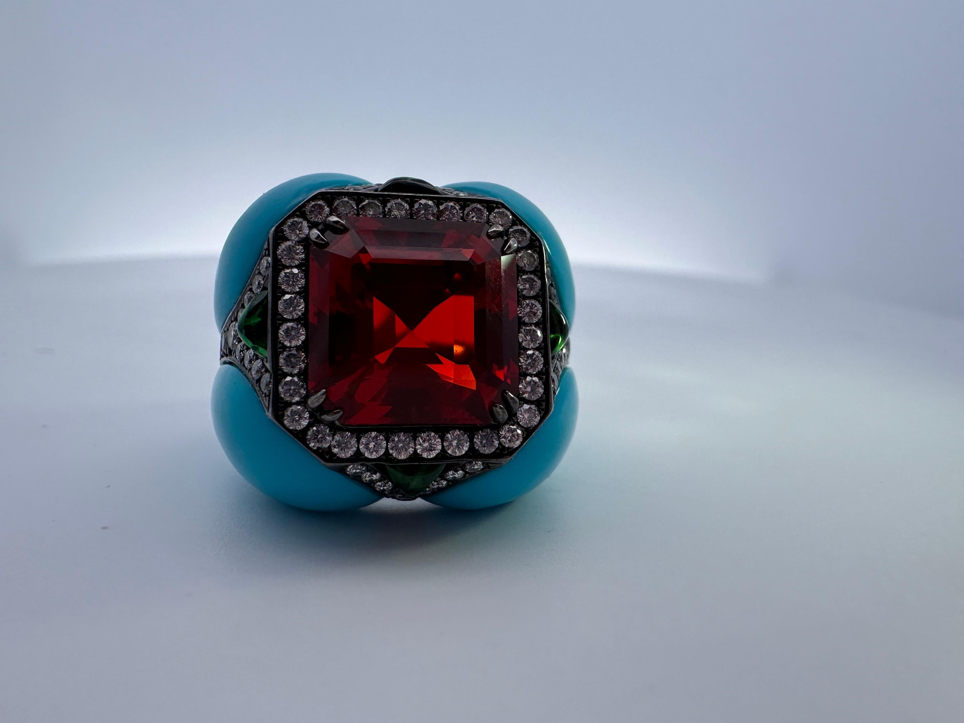 This is a very rare ring, it would be hard to find anything in the world even slightly similar to it. The fire opal 100% certified flashes of red streaks like no other gemstone weighing 5.38 carats custom cut Mexican fire opal is a showstopper!
The