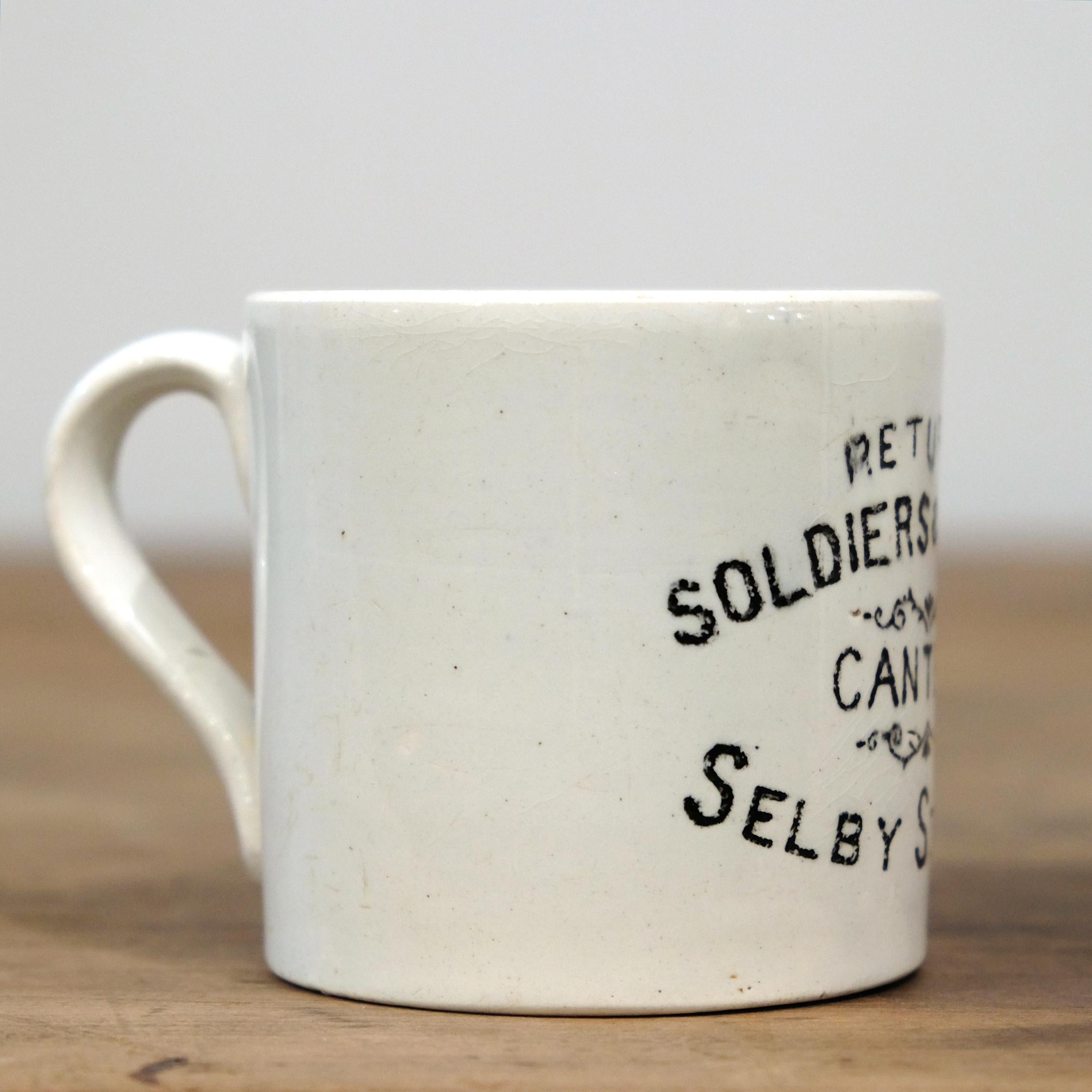 First World War period canteen mug from the soldiers & sailors canteen at Selby station. Made by W. Gill & Sons of Castleford in Yorkshire. c.1915-1919

A rare piece of British history.

In almost perfect condition, bar some slight discoloration