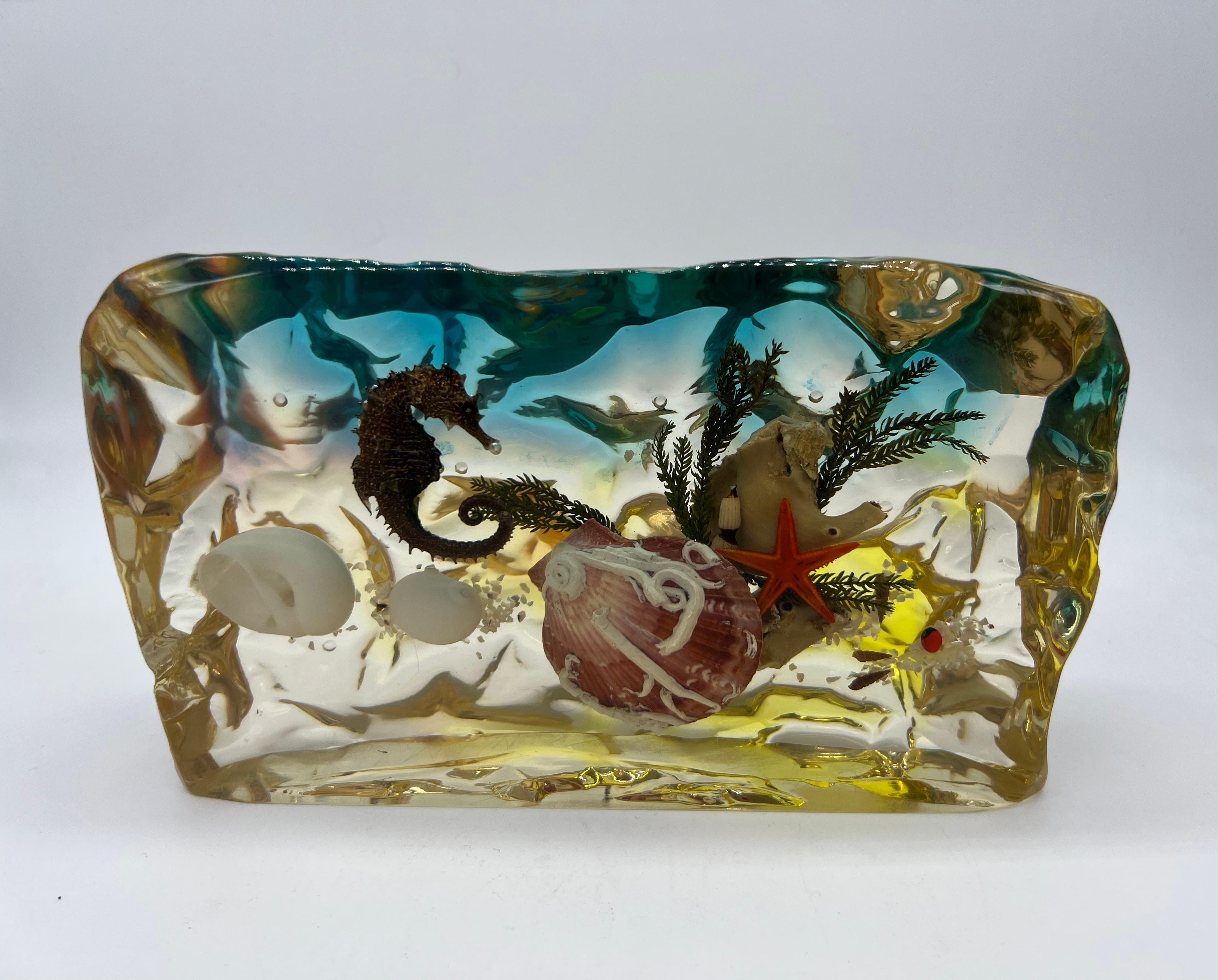 Fish aquarium thick-walled block with seahorse and underwater landscape between the layers, synthetic resin, 1960-1970, rare, good original condition.