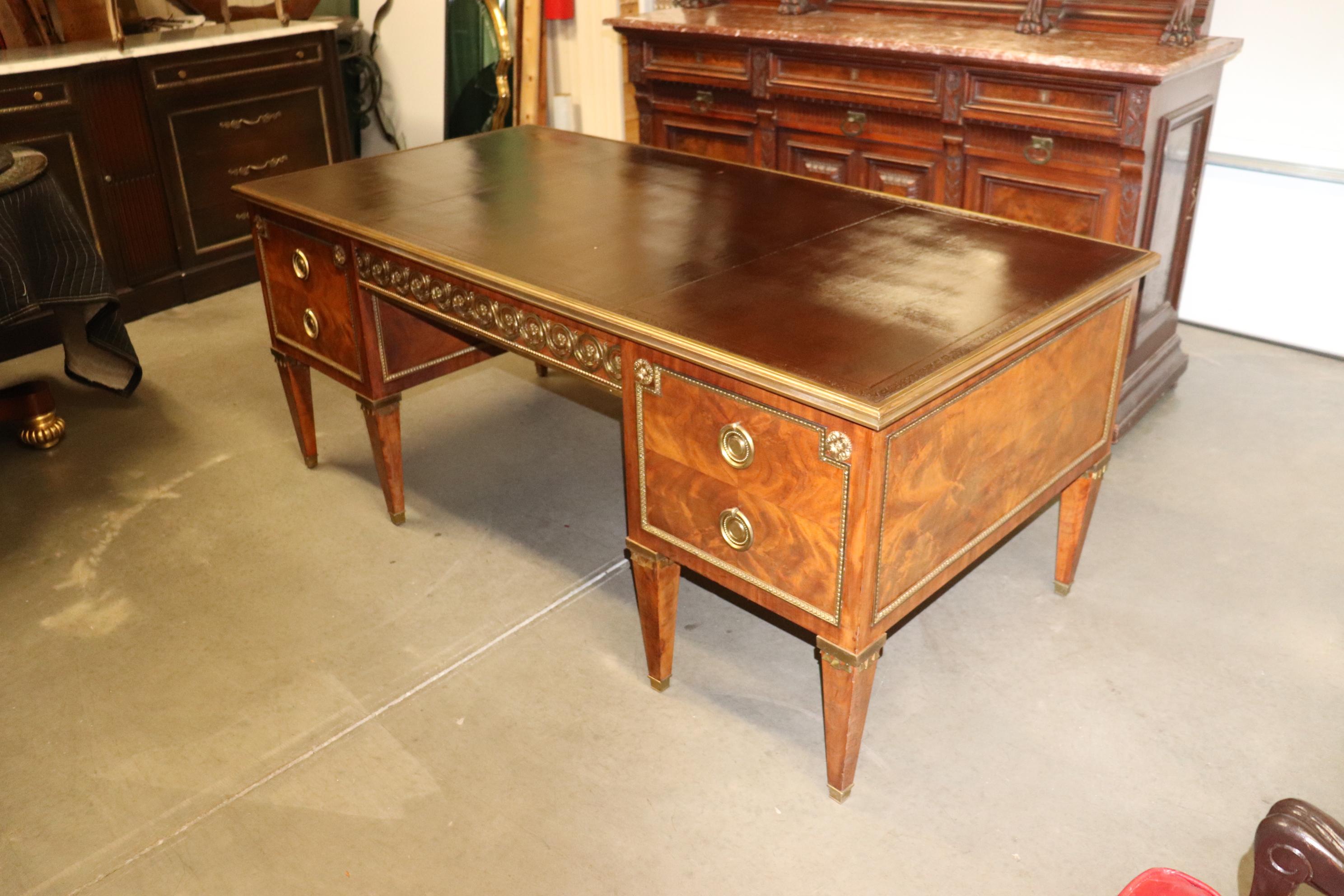 Directoire Rare Flame Mahogany Bronze Mounted Leather Top Francois Linke Desk Bureau Plat  For Sale