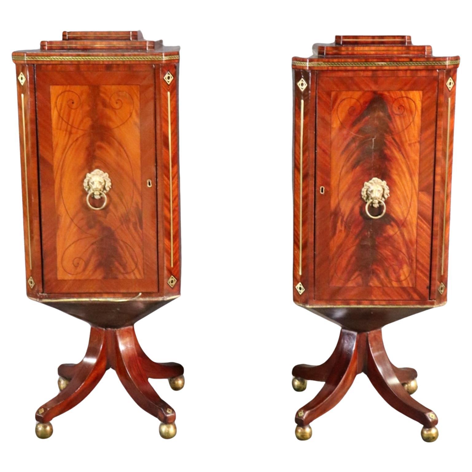 Rare Flame Mahogany Pair Edwardian Pedestal Silverware Side Cabinets