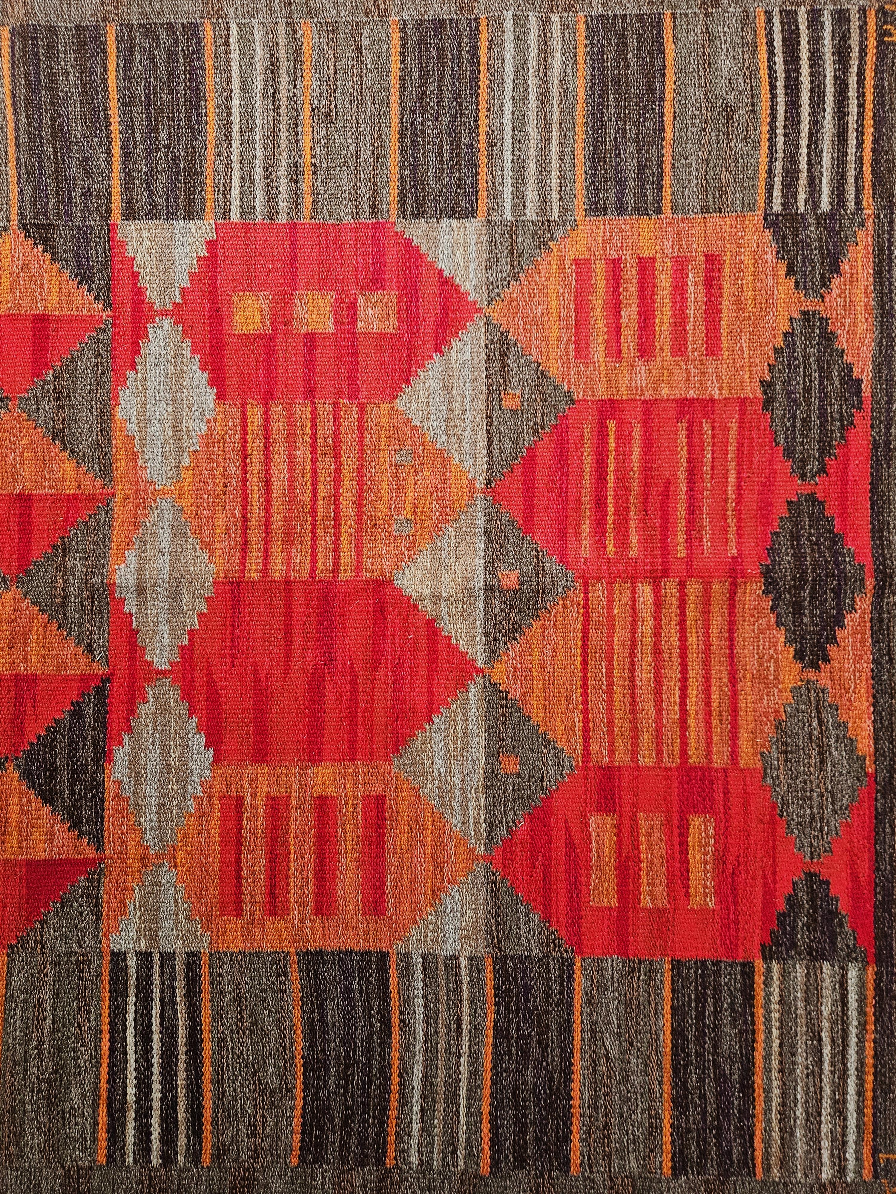 Swedish Rare flatweave carpet 'Rött Stim' by Karin Jönsson, Sweden, 1960s For Sale