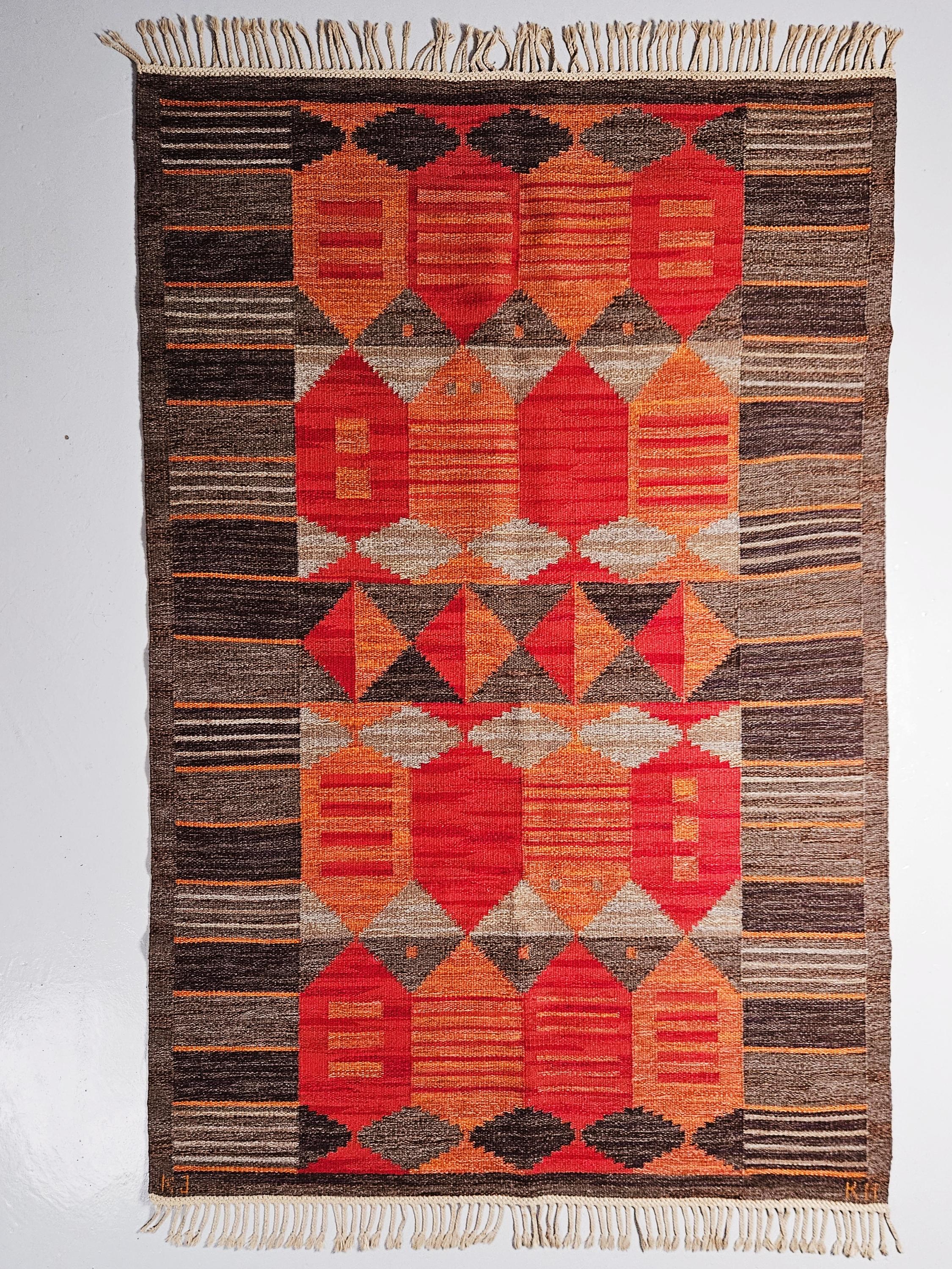 Wool Rare flatweave carpet 'Rött Stim' by Karin Jönsson, Sweden, 1960s For Sale