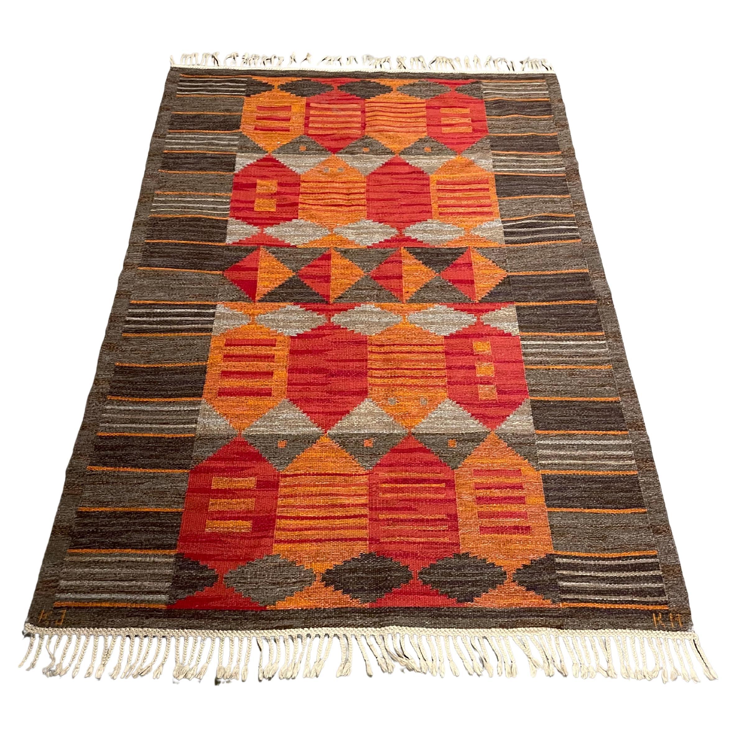 Rare flatweave carpet 'Rött Stim' by Karin Jönsson, Sweden, 1960s For Sale