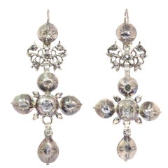 Antique Rare Flemish Cross Earrings Gold Backed Silver Pendants with Rose Cut Diamonds