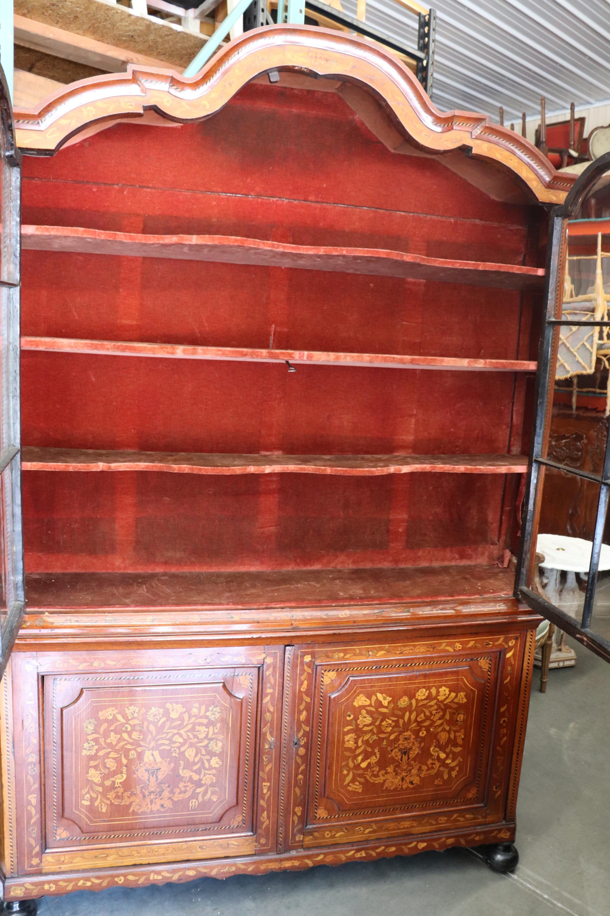 Dutch Colonial Rare Flemish Dutch Marquetry Inlaid China Cabinet Bookcase Vitrine, Circa 1820s