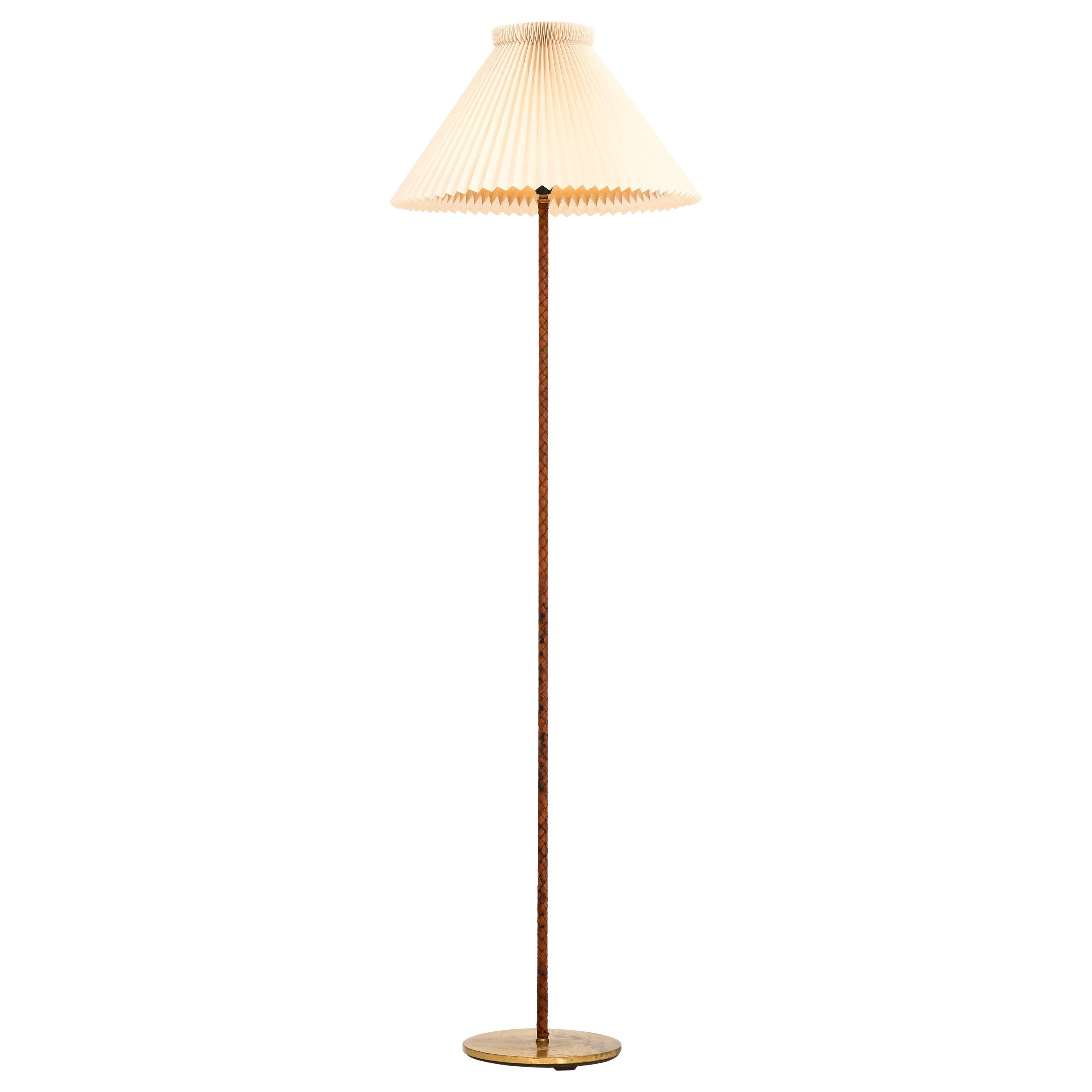 Rare Floor Lamp, Brass and Braided Leather, 1950's For Sale