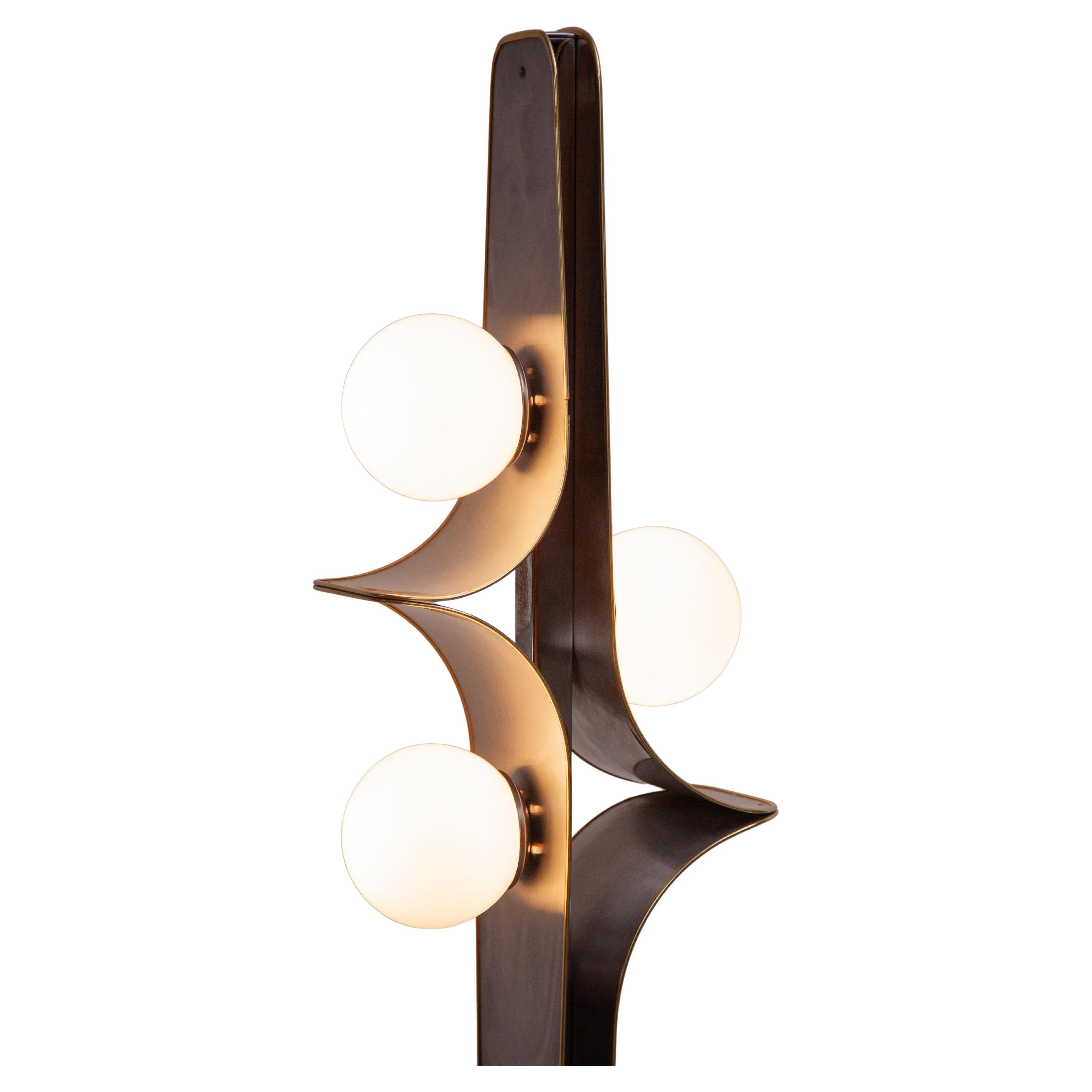 Rare Floor Lamp, Brushed Metal, Brass, Opaline Globes Murano, 1960s For Sale