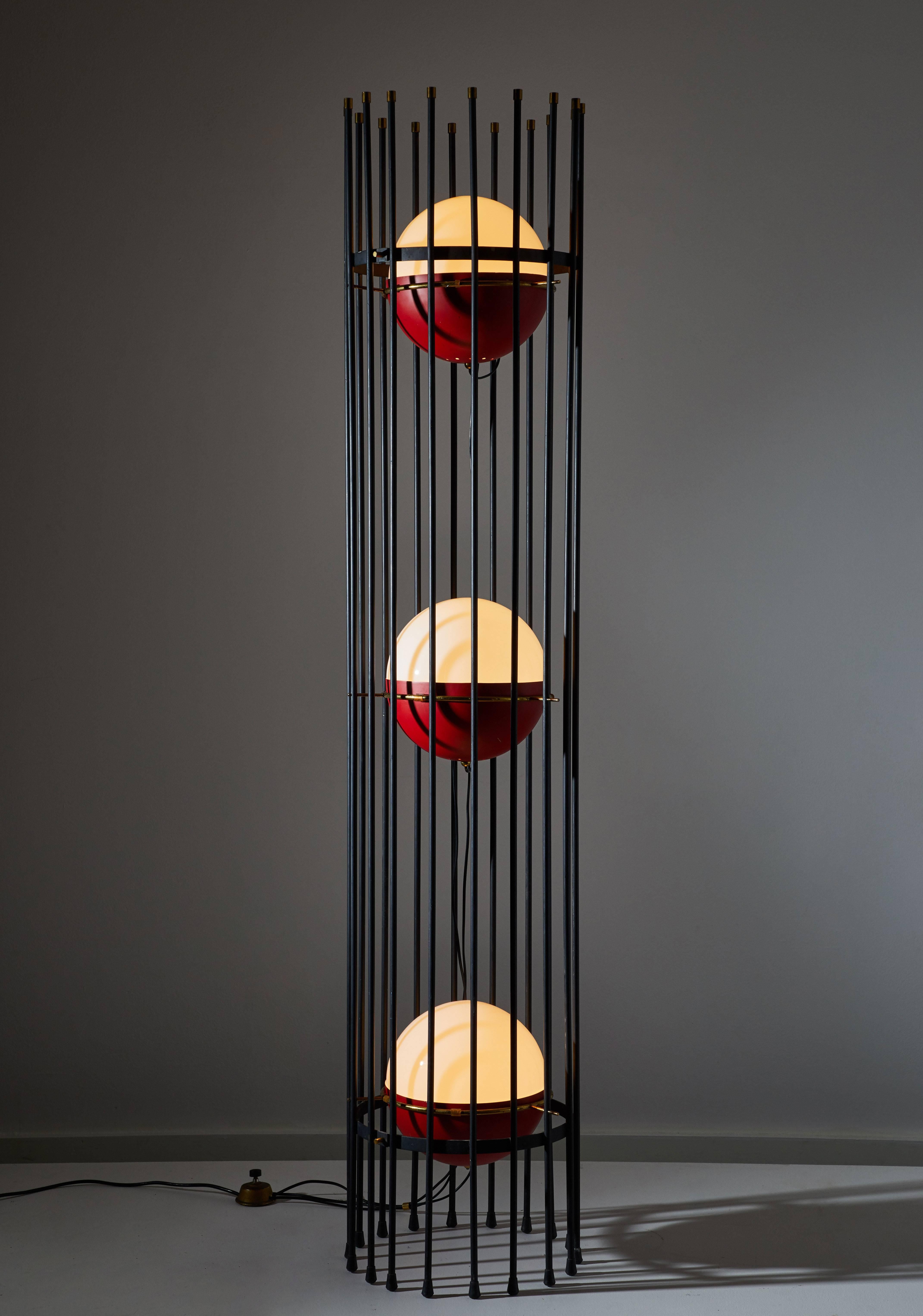 Rare floor lamp by Angelo Brotto for Esperia. Designed and manufactured in Italy, circa 1950s. Rewired for US junction boxes. Original on or off footstep switch. Metal, brass, painted aluminium, opaline glass. Each globe takes one E27 100w maximum