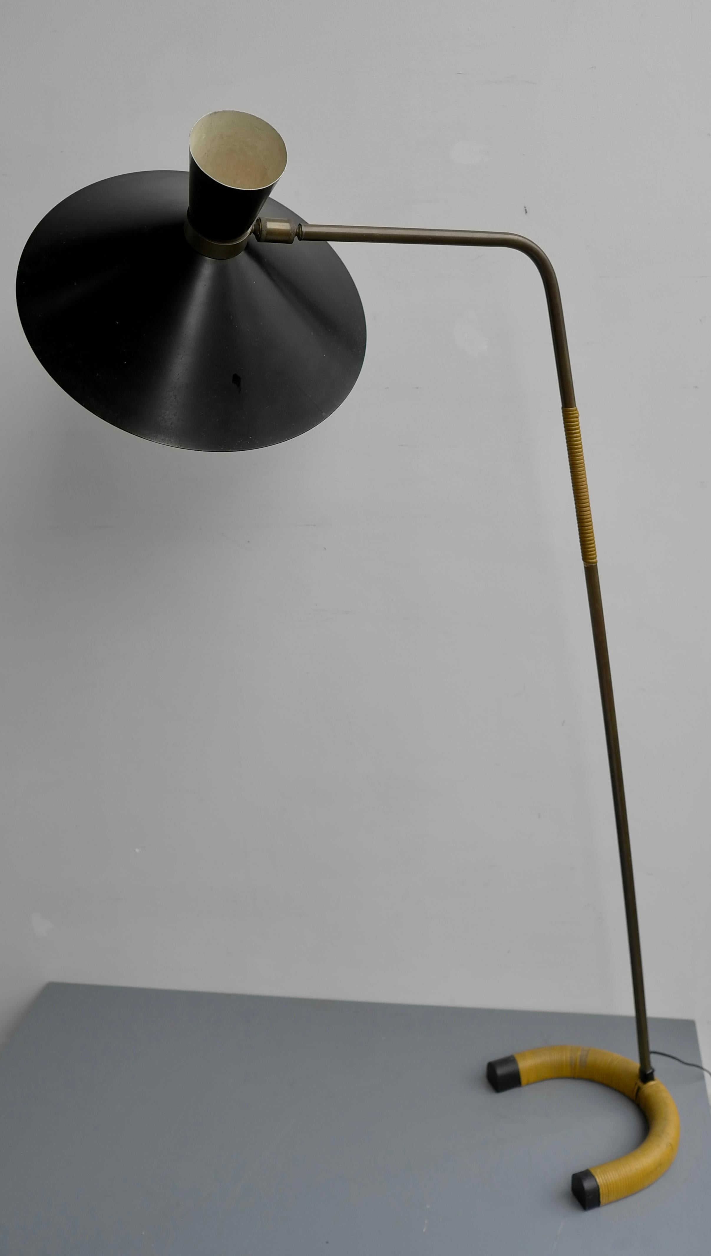Mid-Century Modern Rare Floor Lamp by Jacques Biny in Brass and Black Hood Edition Luminalite, 1953 For Sale