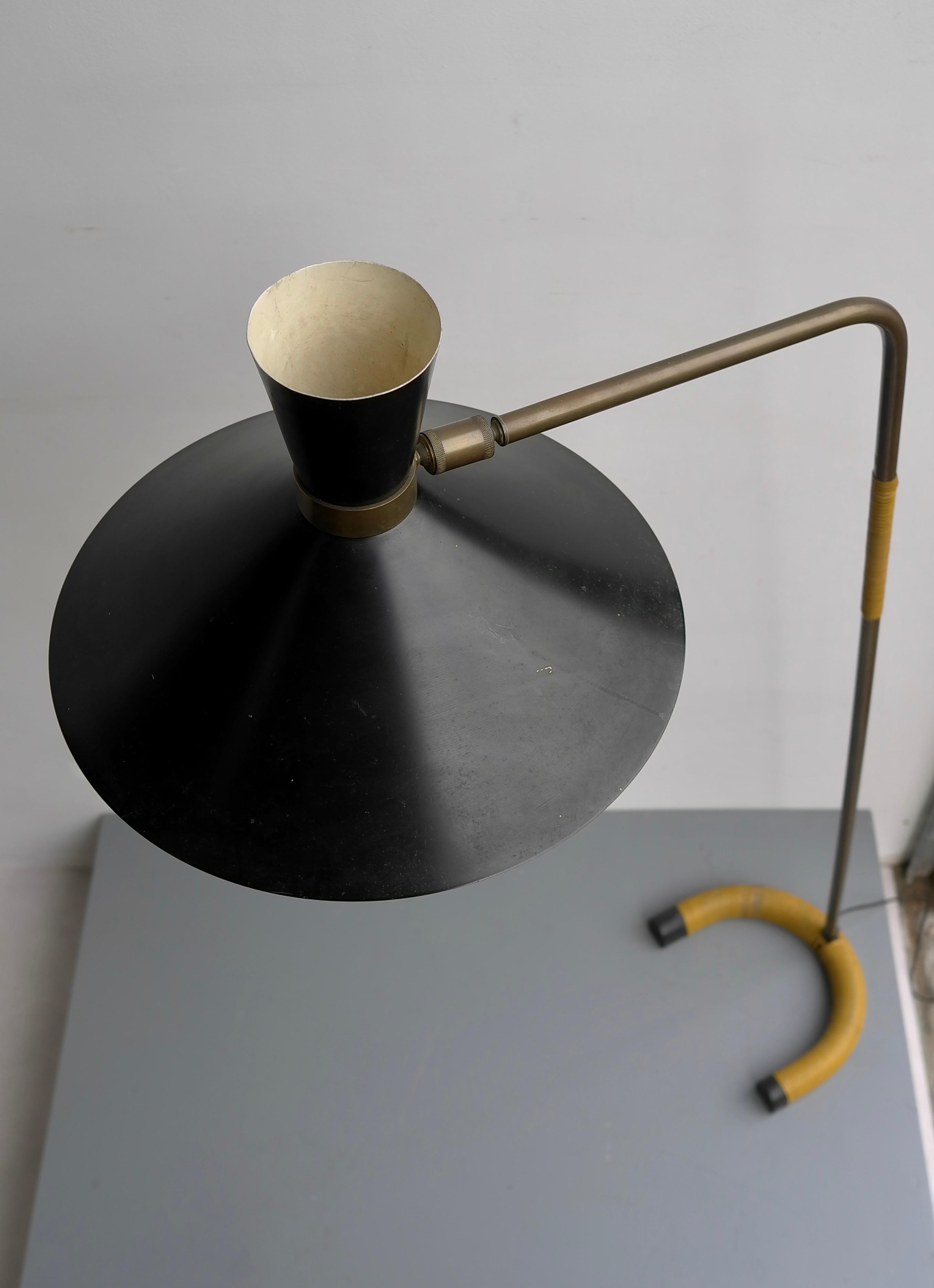 Metal Rare Floor Lamp by Jacques Biny in Brass and Black Hood Edition Luminalite, 1953 For Sale