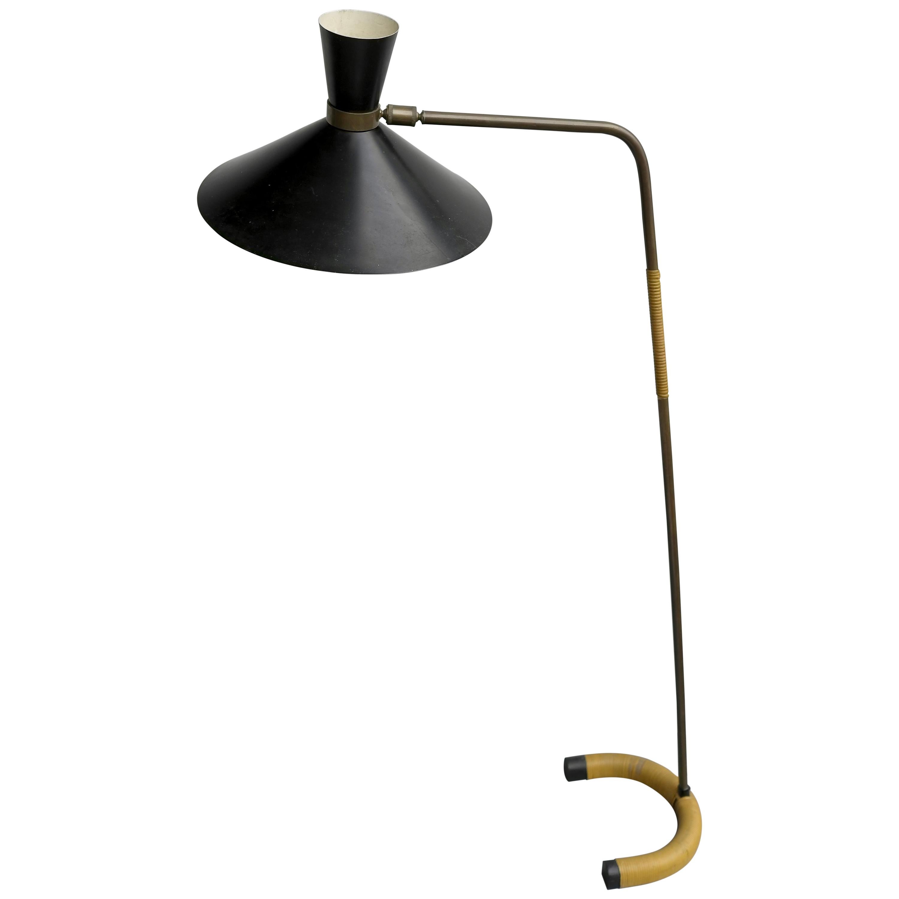 Rare Floor Lamp by Jacques Biny in Brass and Black Hood Edition Luminalite, 1953 For Sale