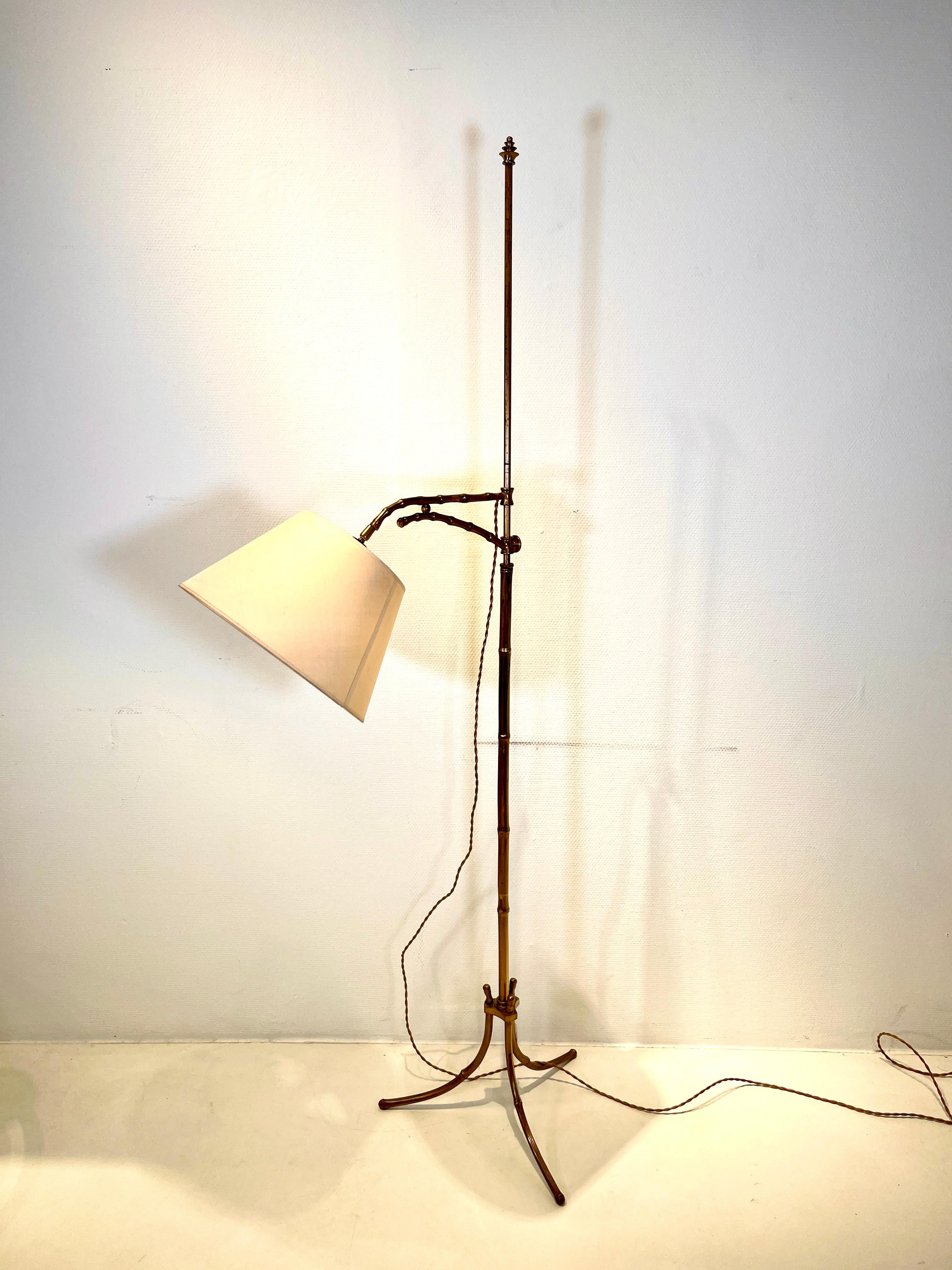 Adjustable model floor lamp, reading light, bronze fake bamboo by Maison Baguès. Never seen before. new shade and rewired.