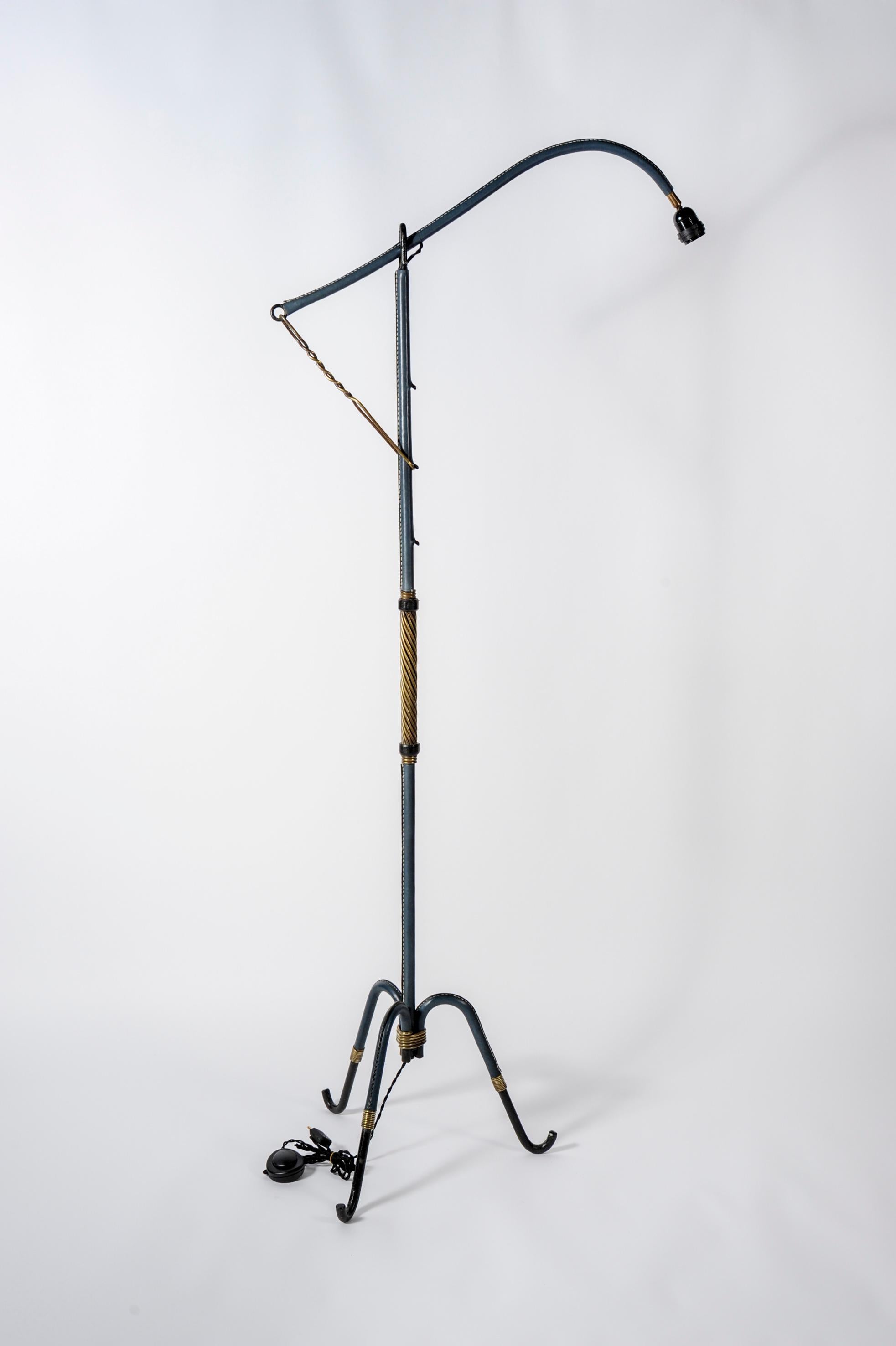 Rare Floor Lamp in Blue Stitched Leather by Jacques Adnet 5