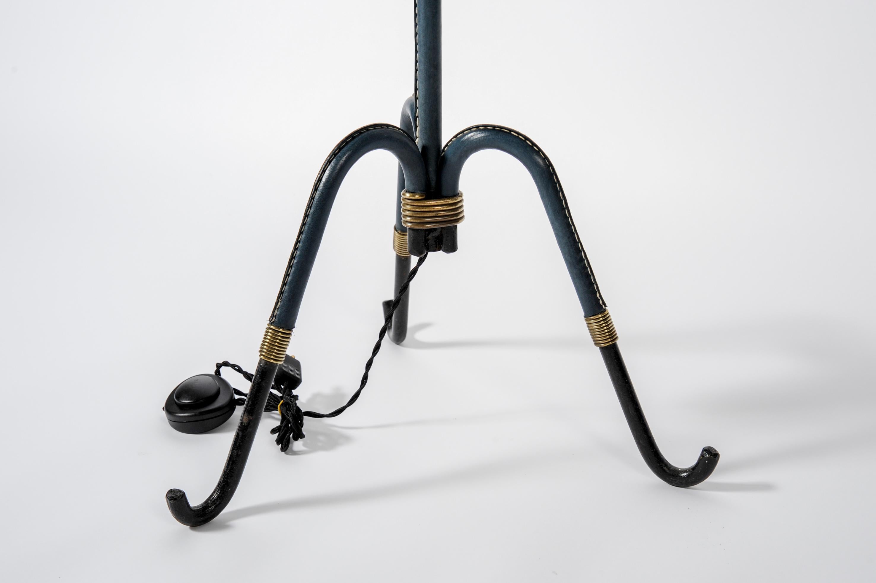 French Rare Floor Lamp in Blue Stitched Leather by Jacques Adnet