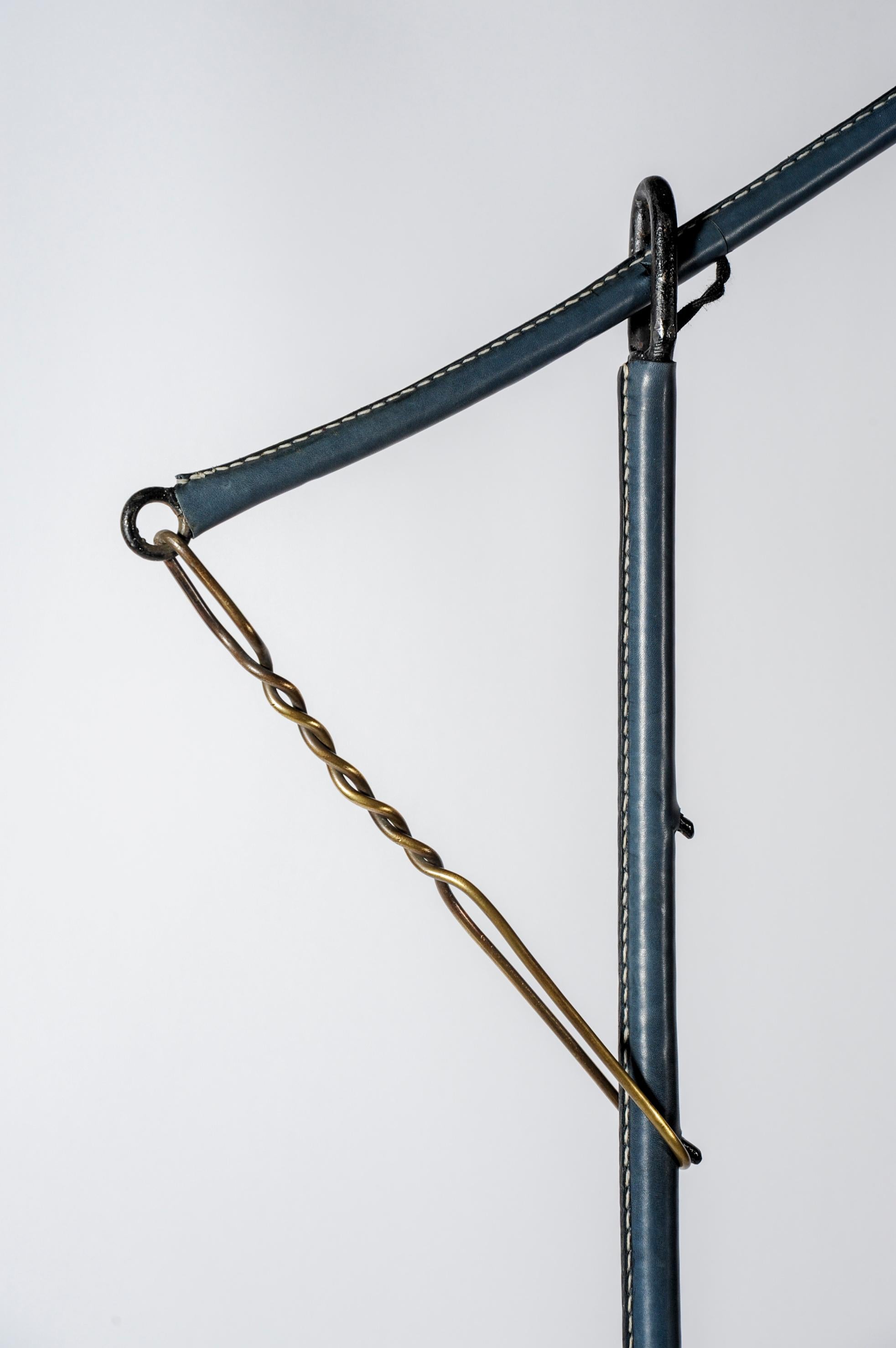 Mid-20th Century Rare Floor Lamp in Blue Stitched Leather by Jacques Adnet