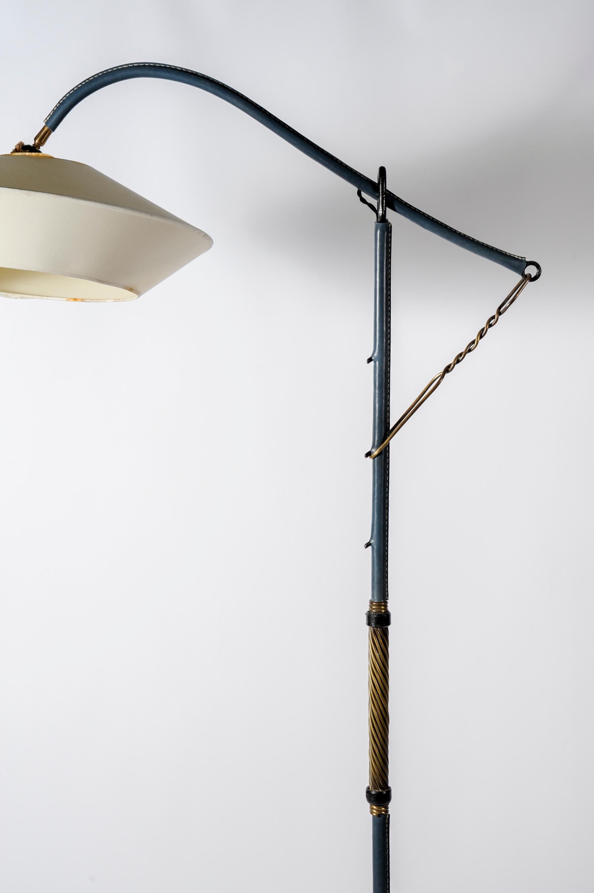 Rare Floor Lamp in Blue Stitched Leather by Jacques Adnet 1