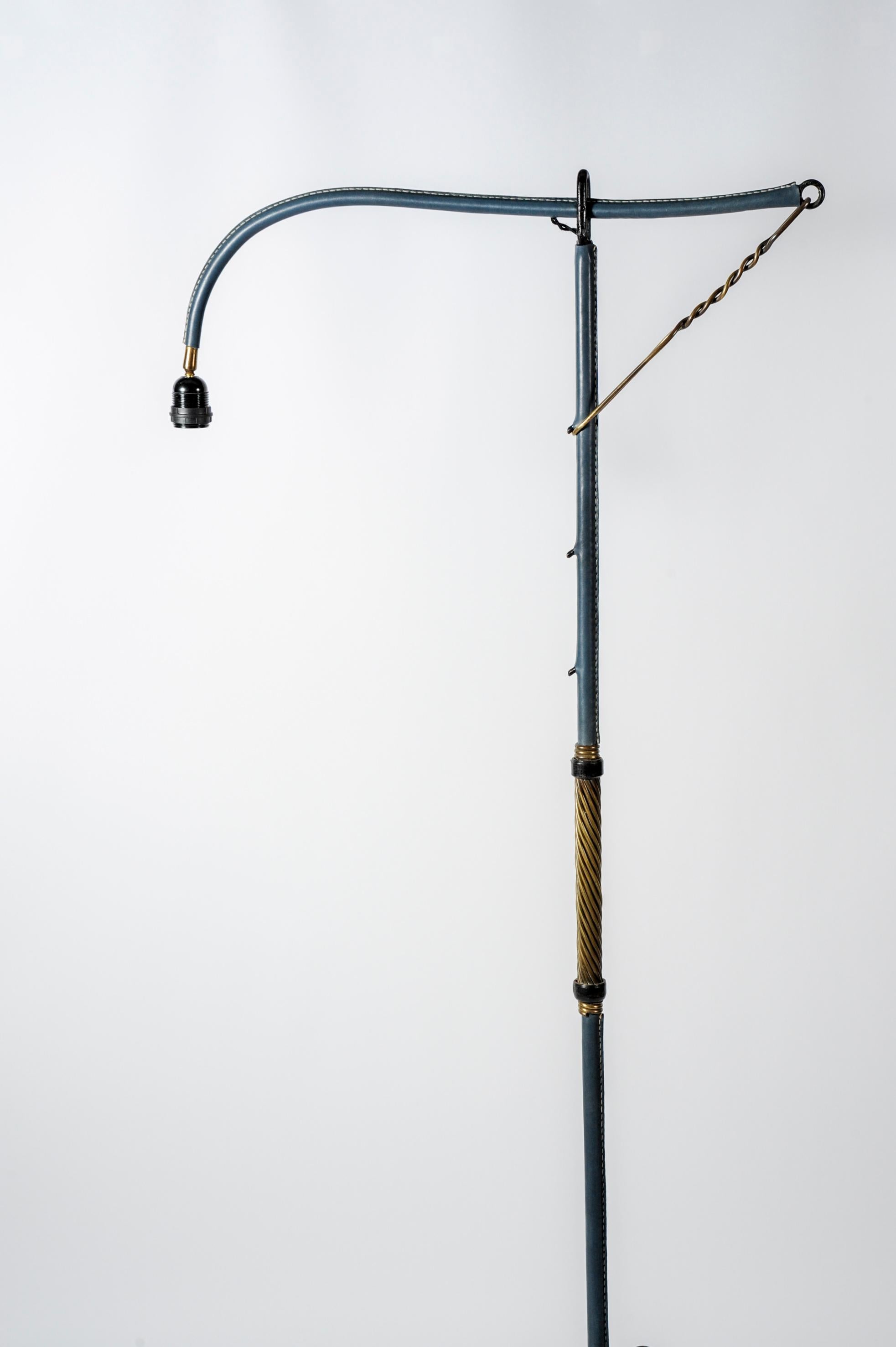 Rare Floor Lamp in Blue Stitched Leather by Jacques Adnet 4