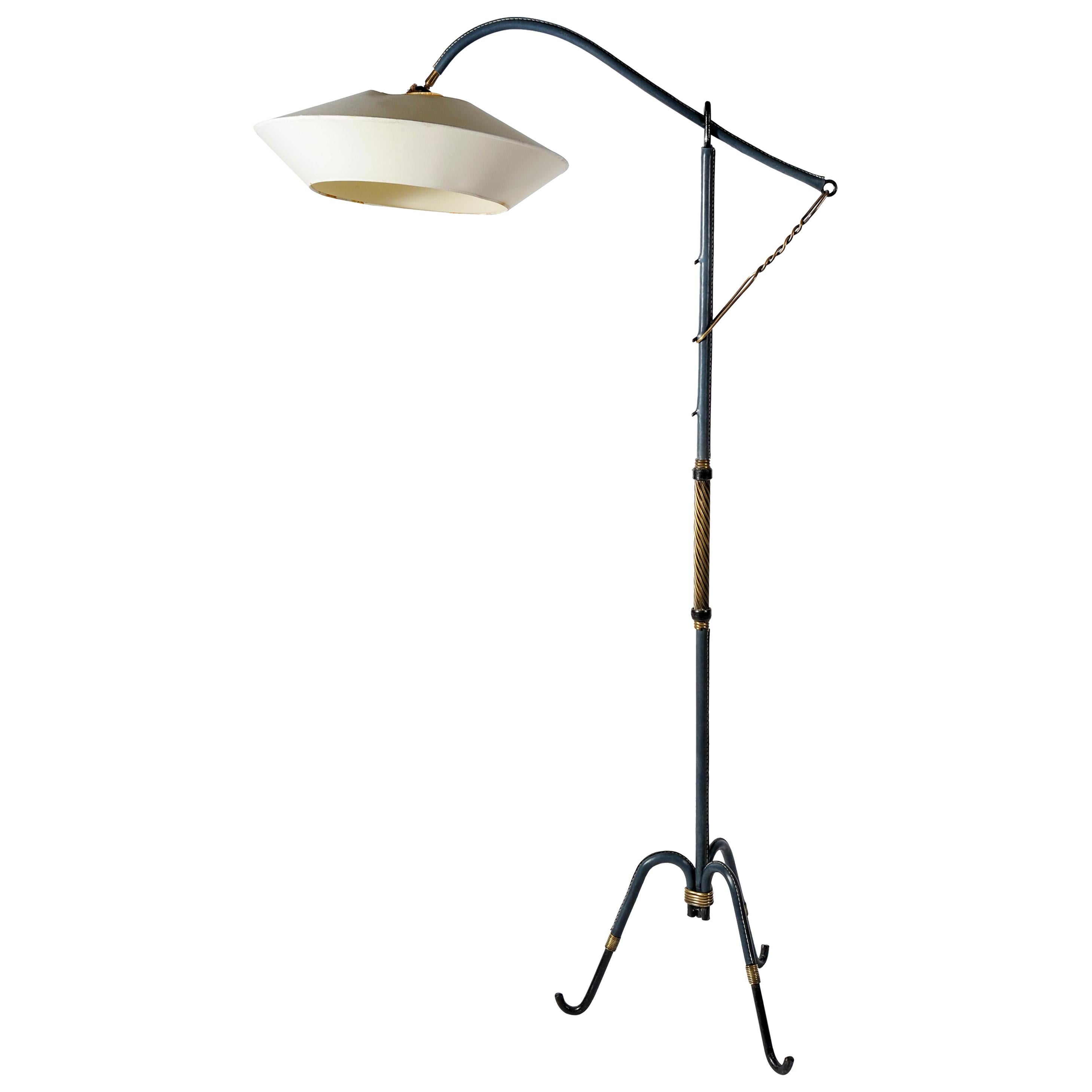 Rare Floor Lamp in Blue Stitched Leather by Jacques Adnet