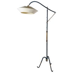 Rare Floor Lamp in Blue Stitched Leather by Jacques Adnet