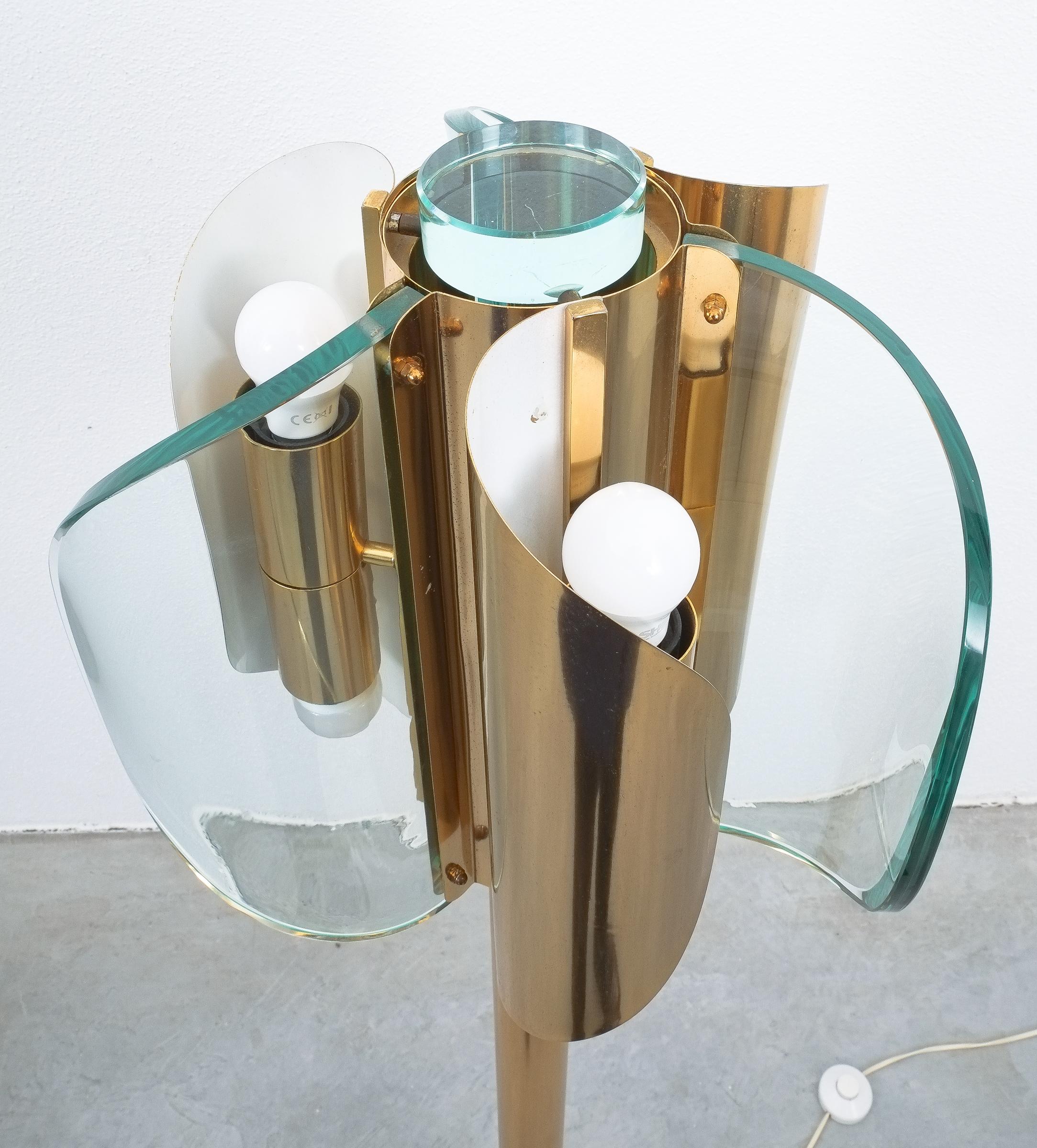 Mid-20th Century Brass Glass Floor Lamp Style Fontana Arte, Italy, circa 1965 For Sale