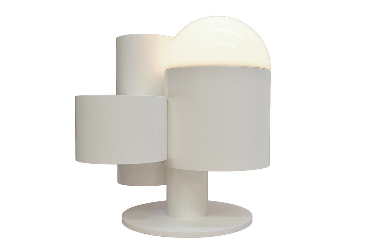 Remarkable rare white floor lamp complete with table and planter and plant stands. Made in lacquered wood and acrylic shade. Labelled by the Dutch Artist. Very decorative piece.