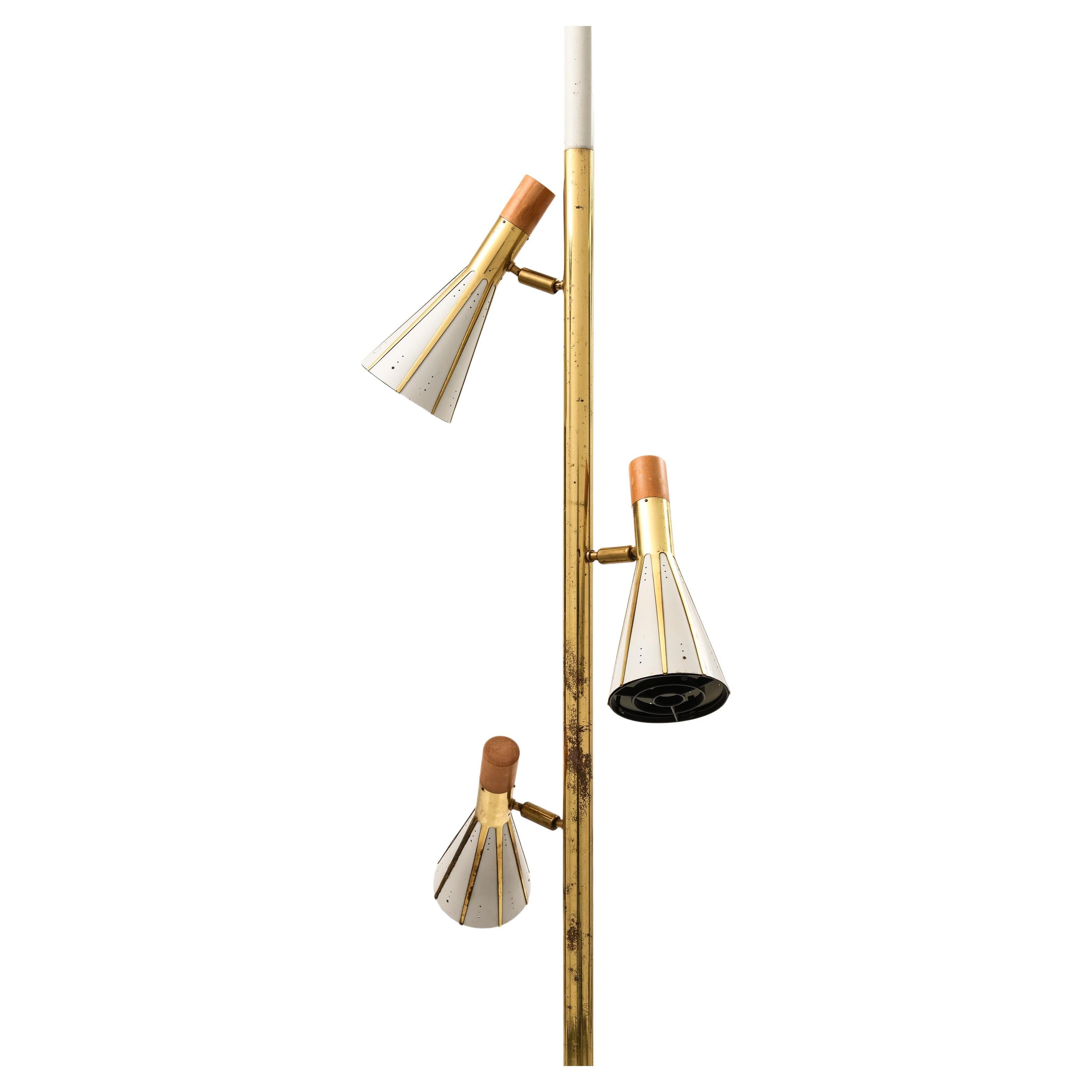Rare Floor / Pole Lamp in Brass and White Lacquered Metal, 1960’s For Sale