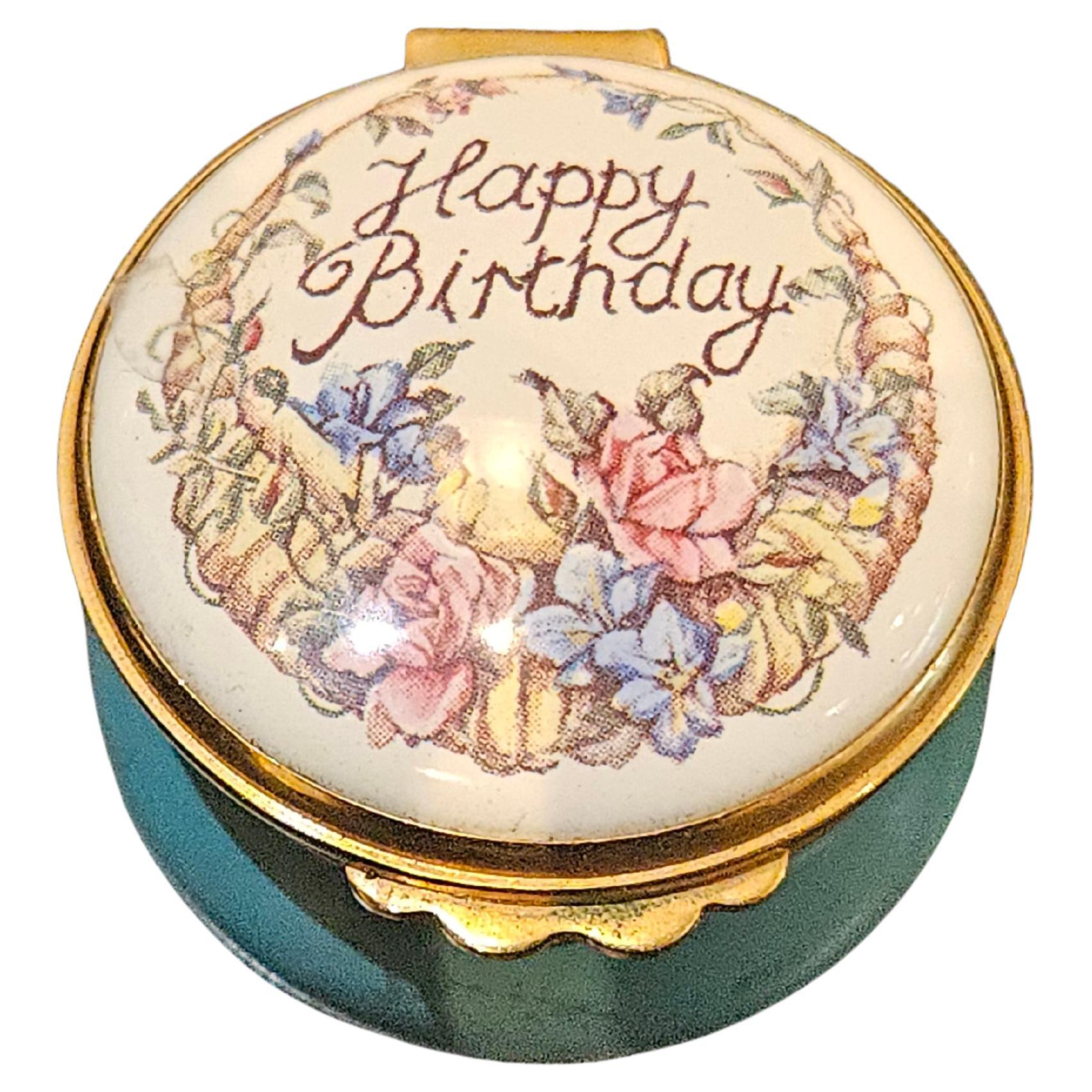 Rara Caja de Porcelana Floral Feliz Cumpleaños Worcestershire Inglaterra Caja Halcyon Days