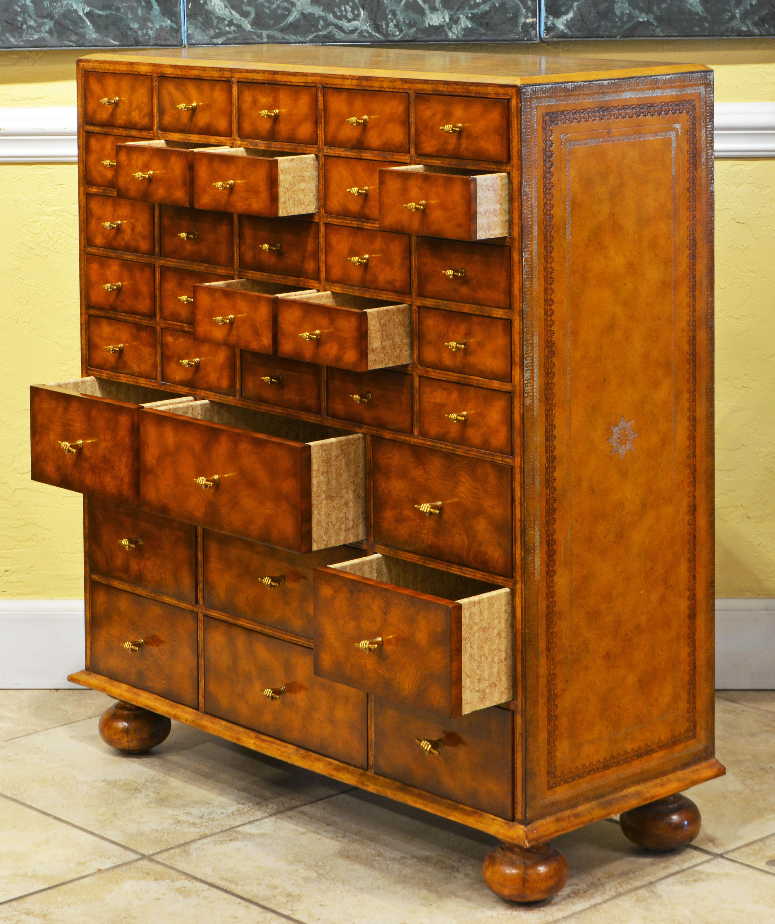 Renaissance Rare Florentine Style Maitland-Smith Leather Clad Multi Drawer Collector's Chest