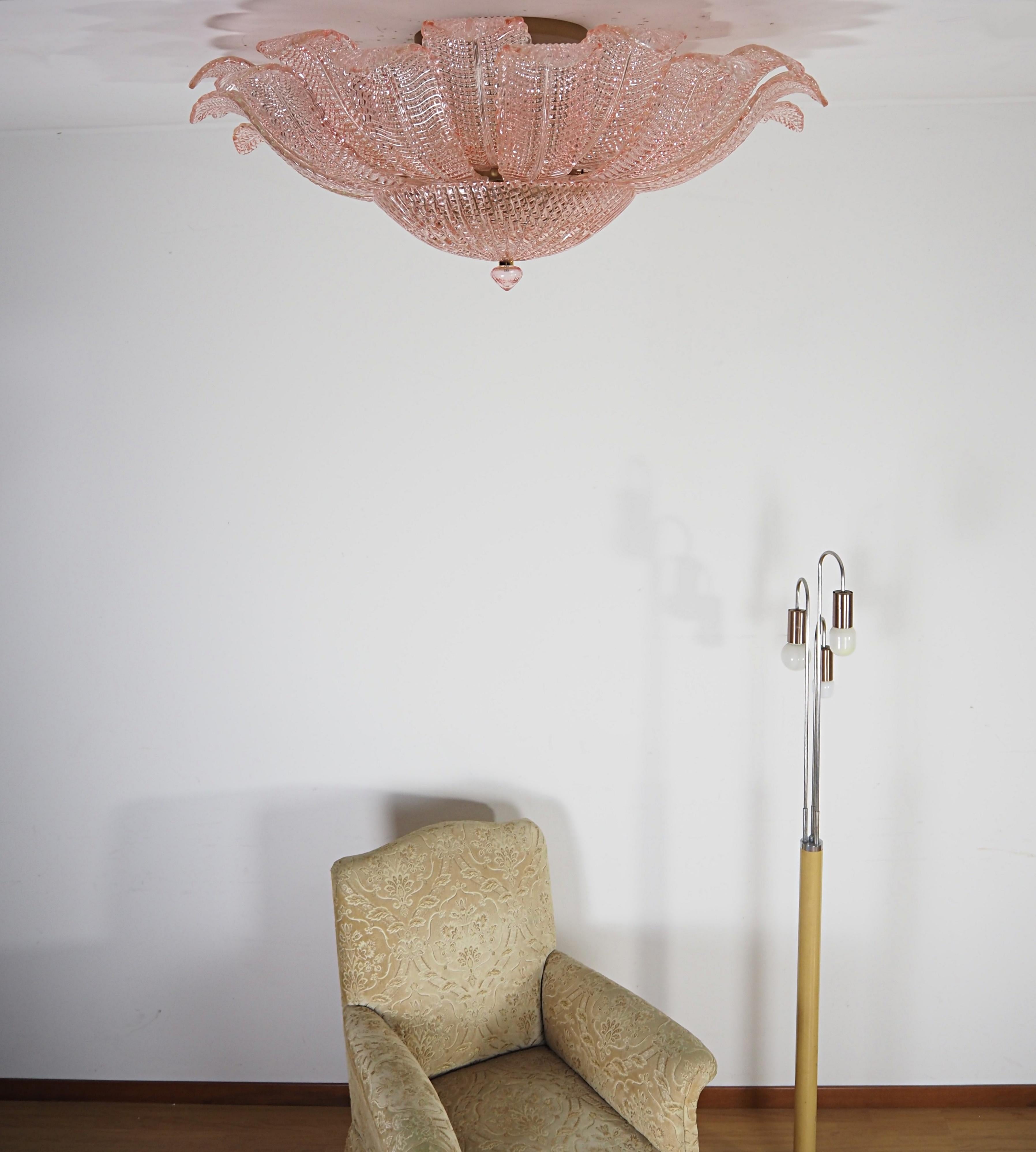 Mid-Century Modern Rare Flower Ceiling Lamp - Murano Art Glass - pink color