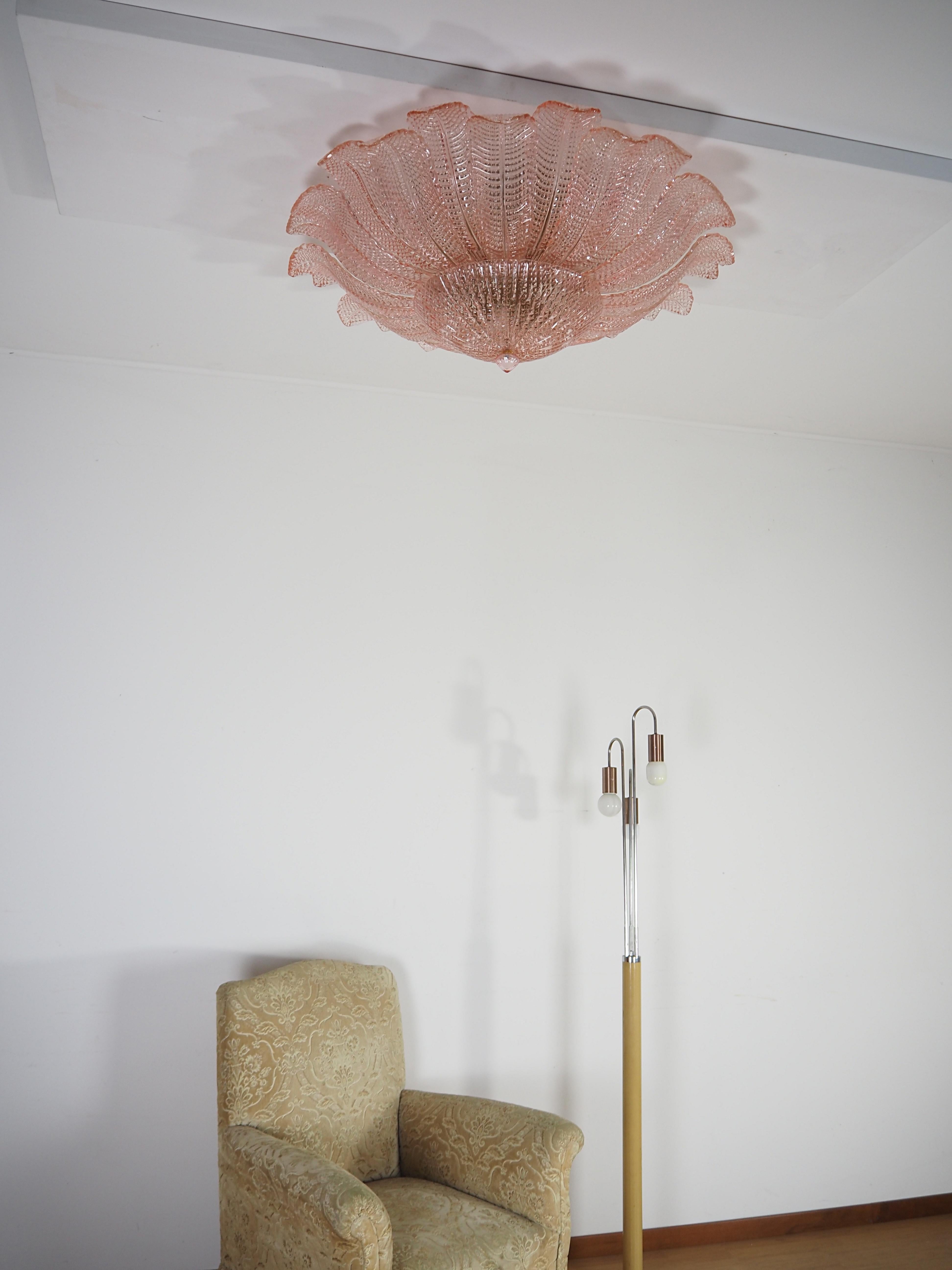 Italian Rare Flower Ceiling Lamp - Murano Art Glass - pink color