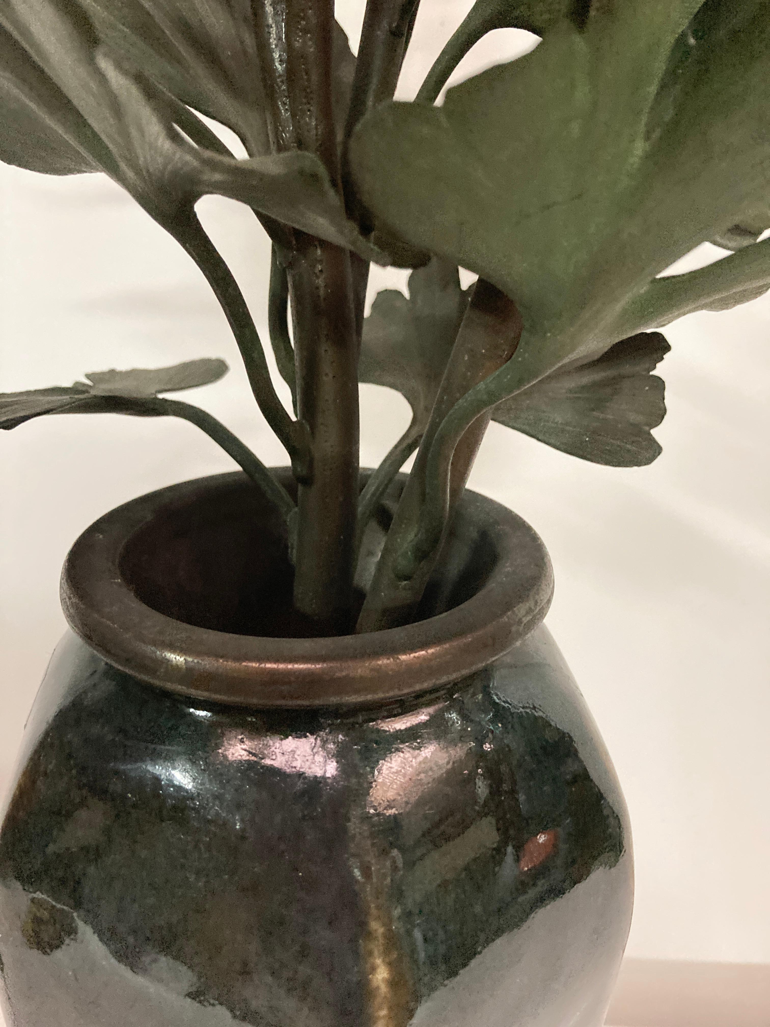 Rare flower pot bronze and ceramic lamp Circa 1900 For Sale 5