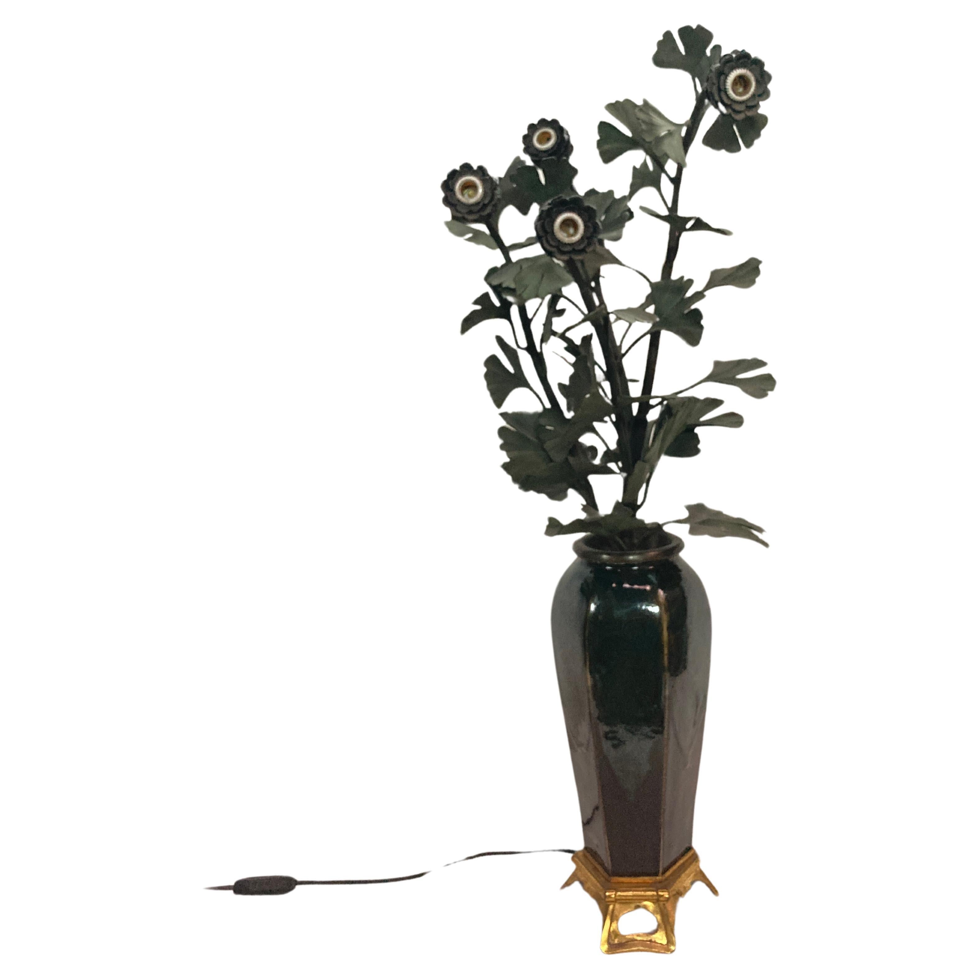 Rare flower pot bronze and ceramic lamp Circa 1900 For Sale