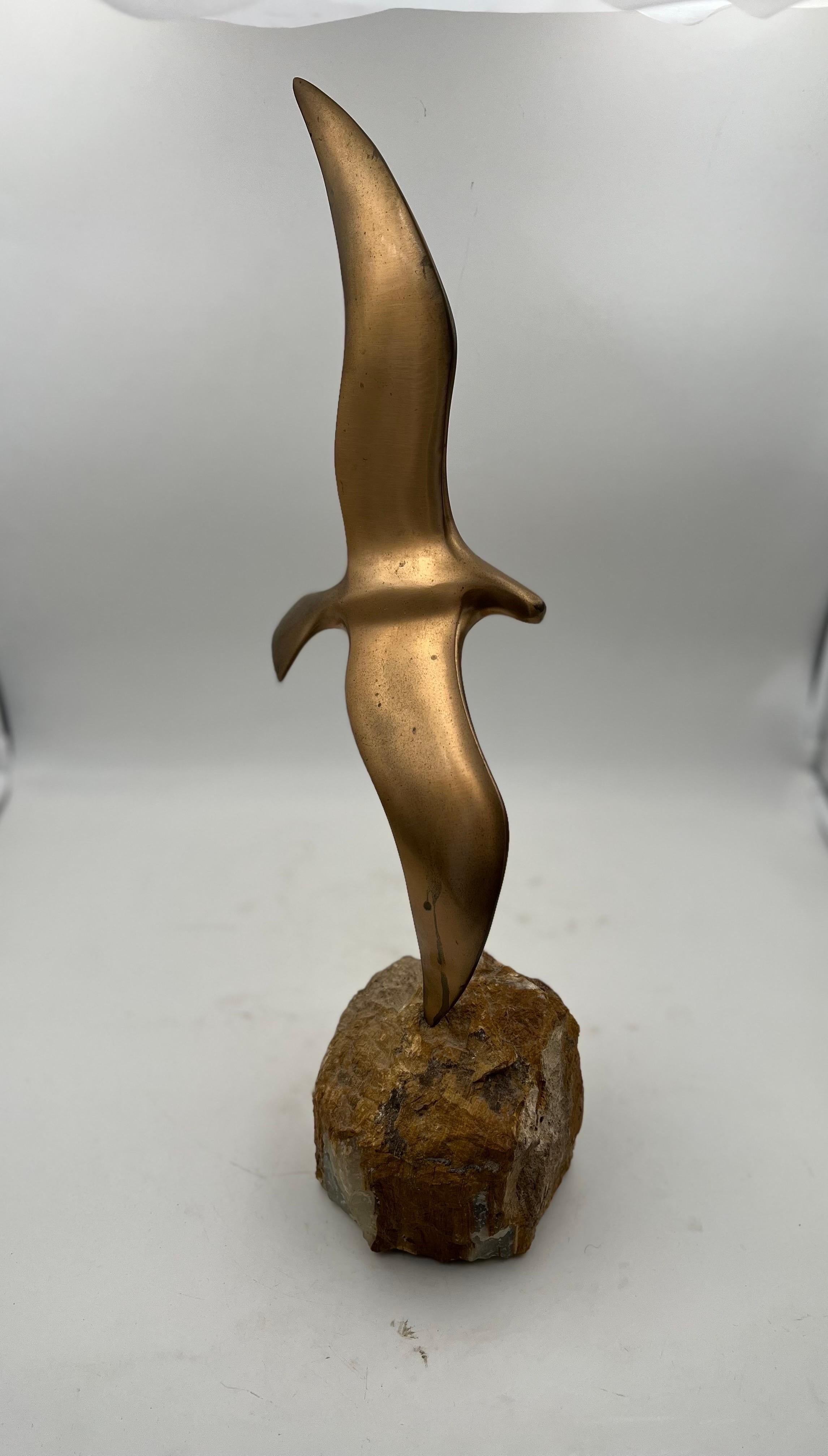 Mid-Century Modern Rare Flying Bird Sculpture in Bronze Finish Raw Marble Base Signed Jere For Sale