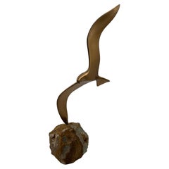 Rare Flying Bird Sculpture in Bronze Finish Raw Marble Base Signed Jere