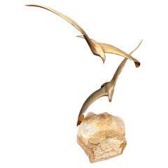 Rare Flying Birds Sculpture in Bronze Finish Raw Marble Base Signed Jere