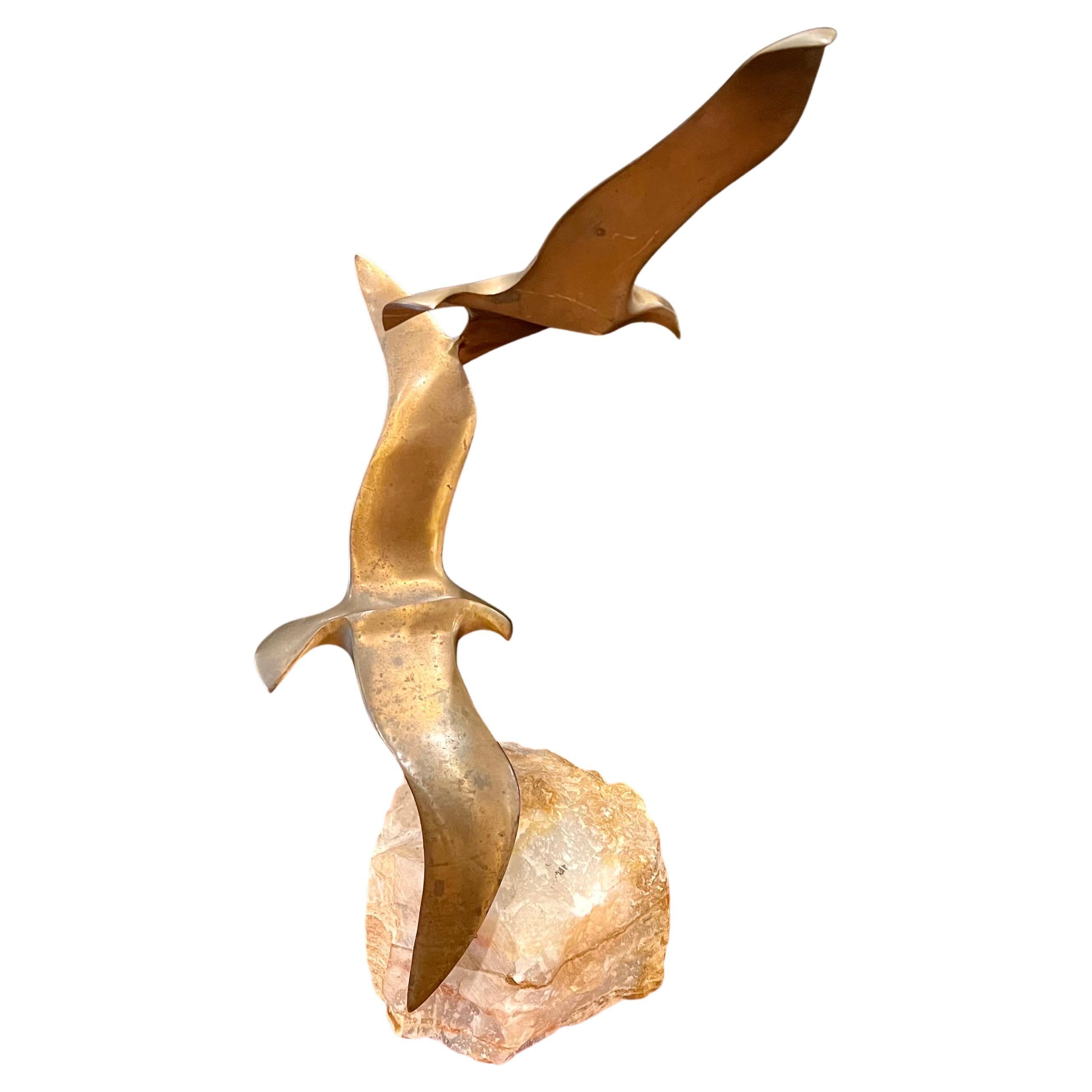 American Rare Flying Birds Sculpture in Bronze Finish Raw Marble Base Signed Jere For Sale
