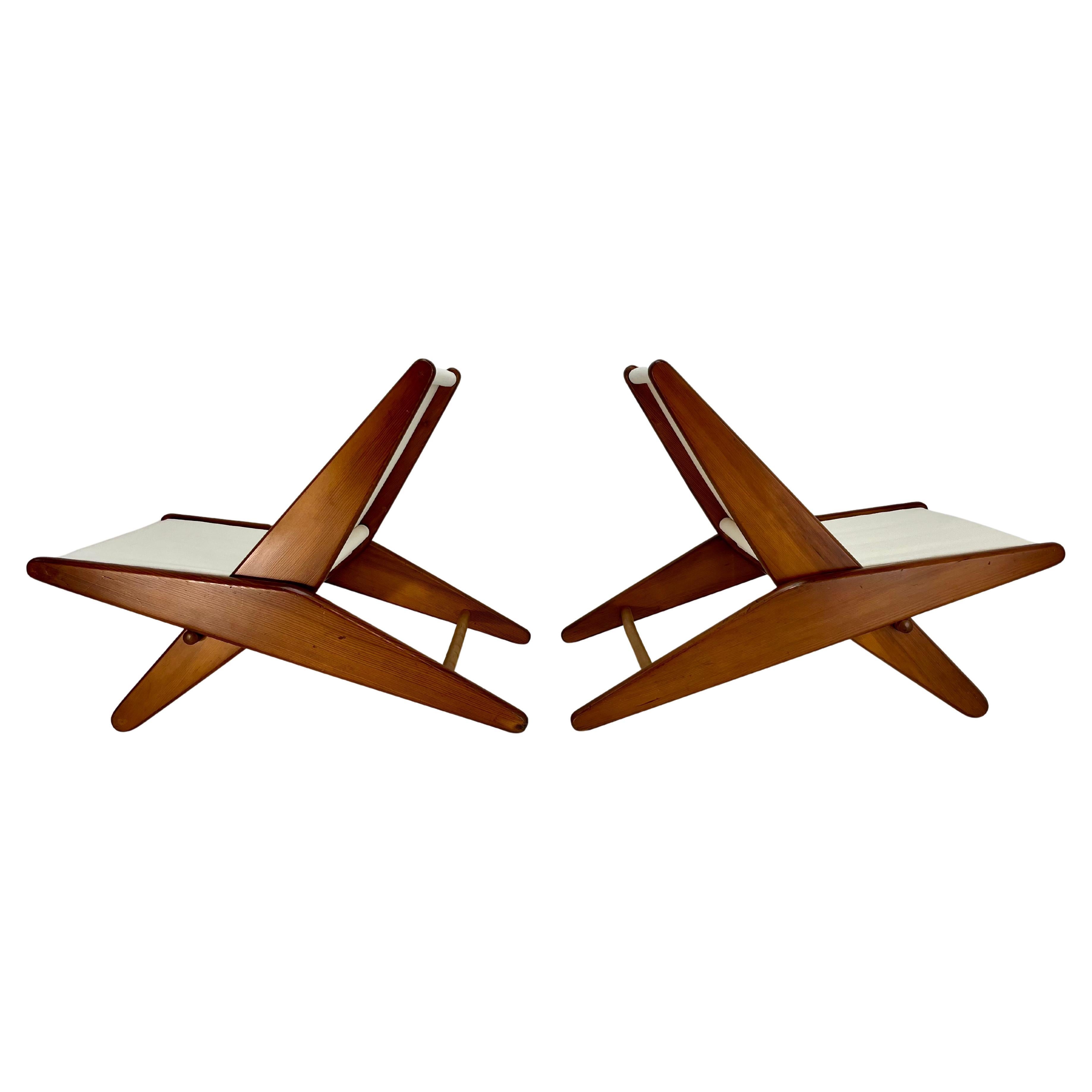 Rare Folding Scissor Chairs by Ficks Reed C. 1950, Linen, Fir