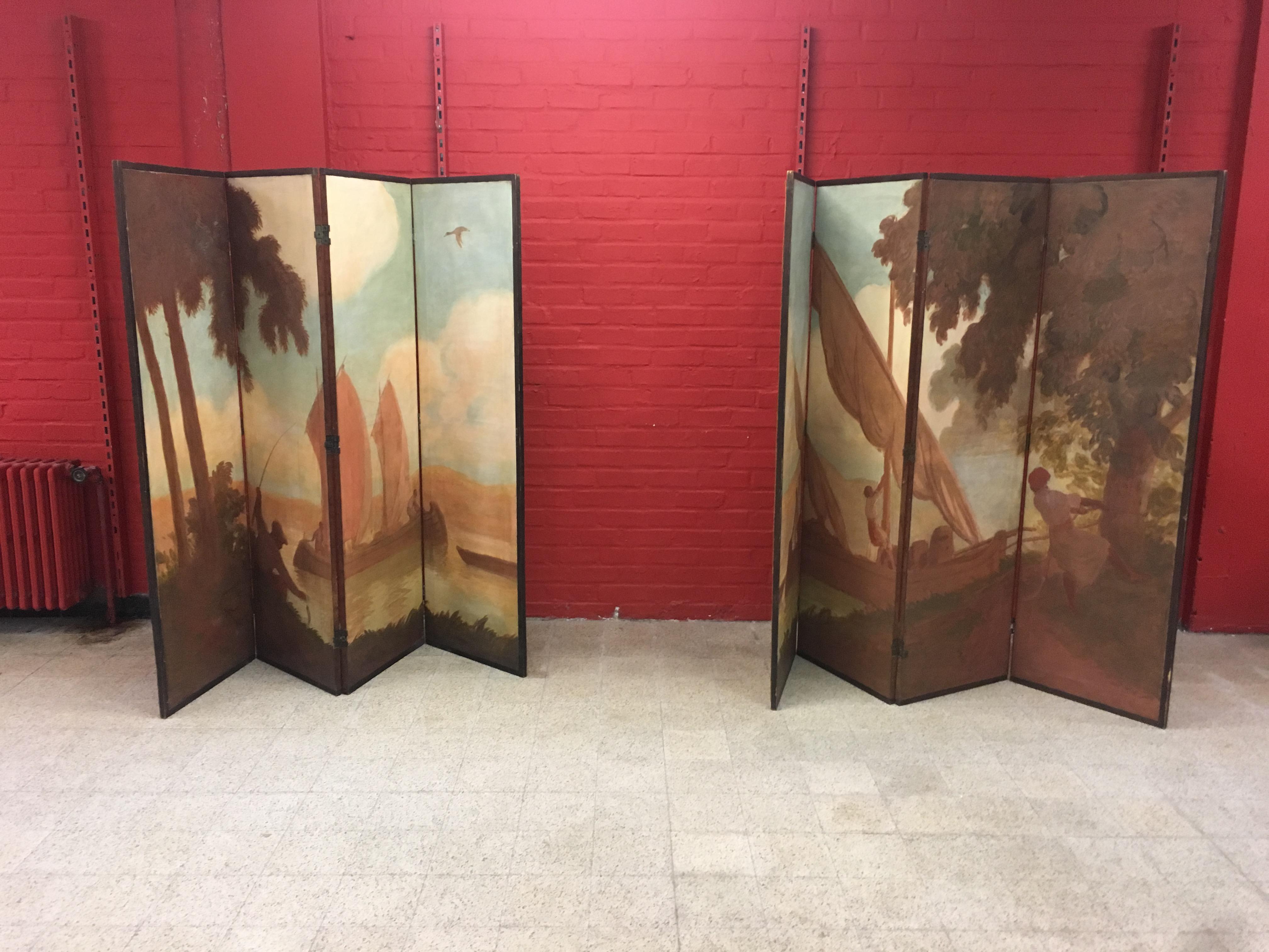 Rare folding screen period 1900, composed of two elements with 4 panels in painted canvas.
Charming pastel colors,
maybe a decor on the Nile in Egypt at the end of the 20th century
Dimensions: 170 x 416 x 2 cm
2 panels in 4 parts each (170 x 52