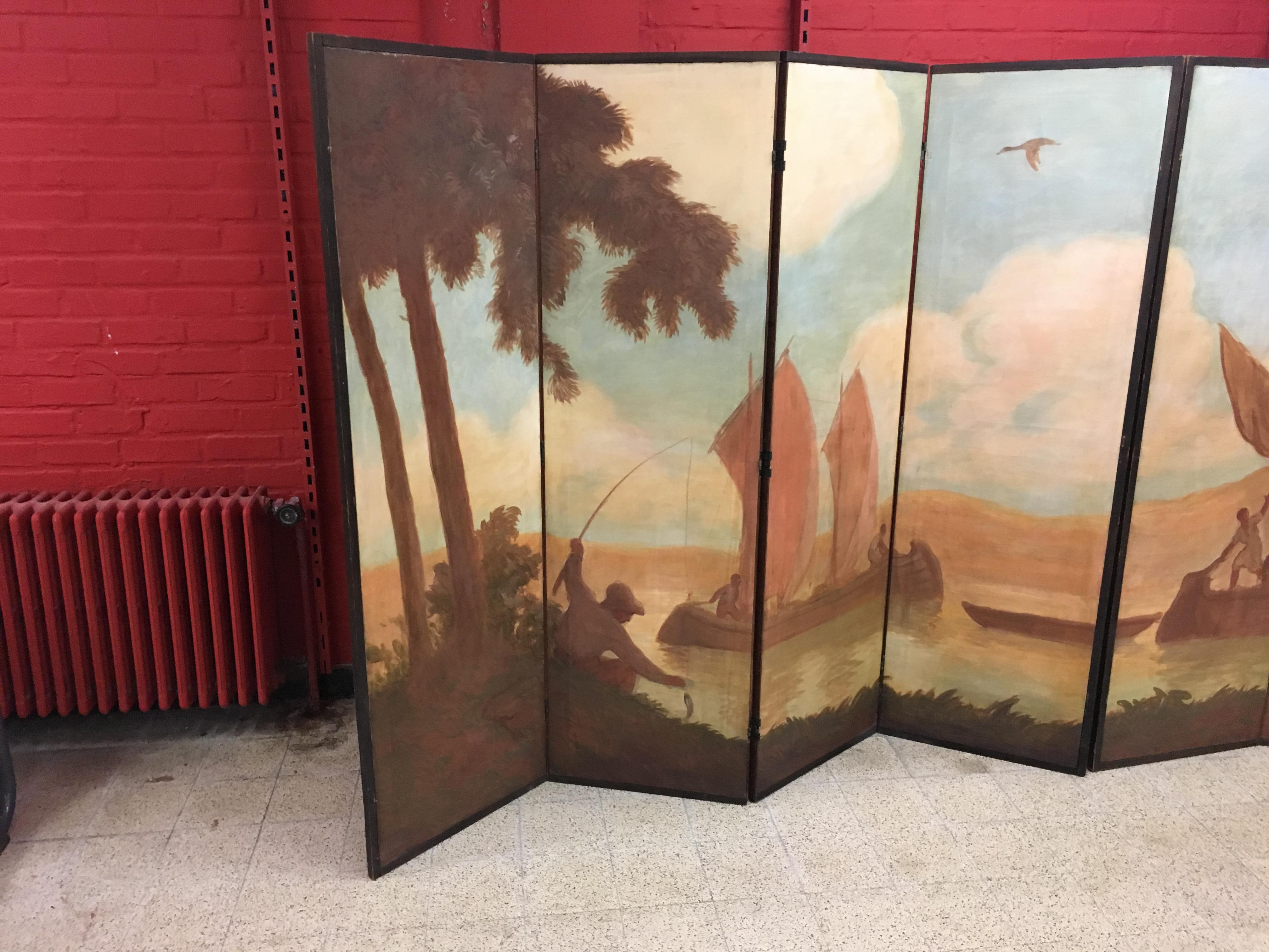 Rare Folding Screen Period 1900, Composed of Two Elements, circa 1900 In Good Condition For Sale In Saint-Ouen, FR