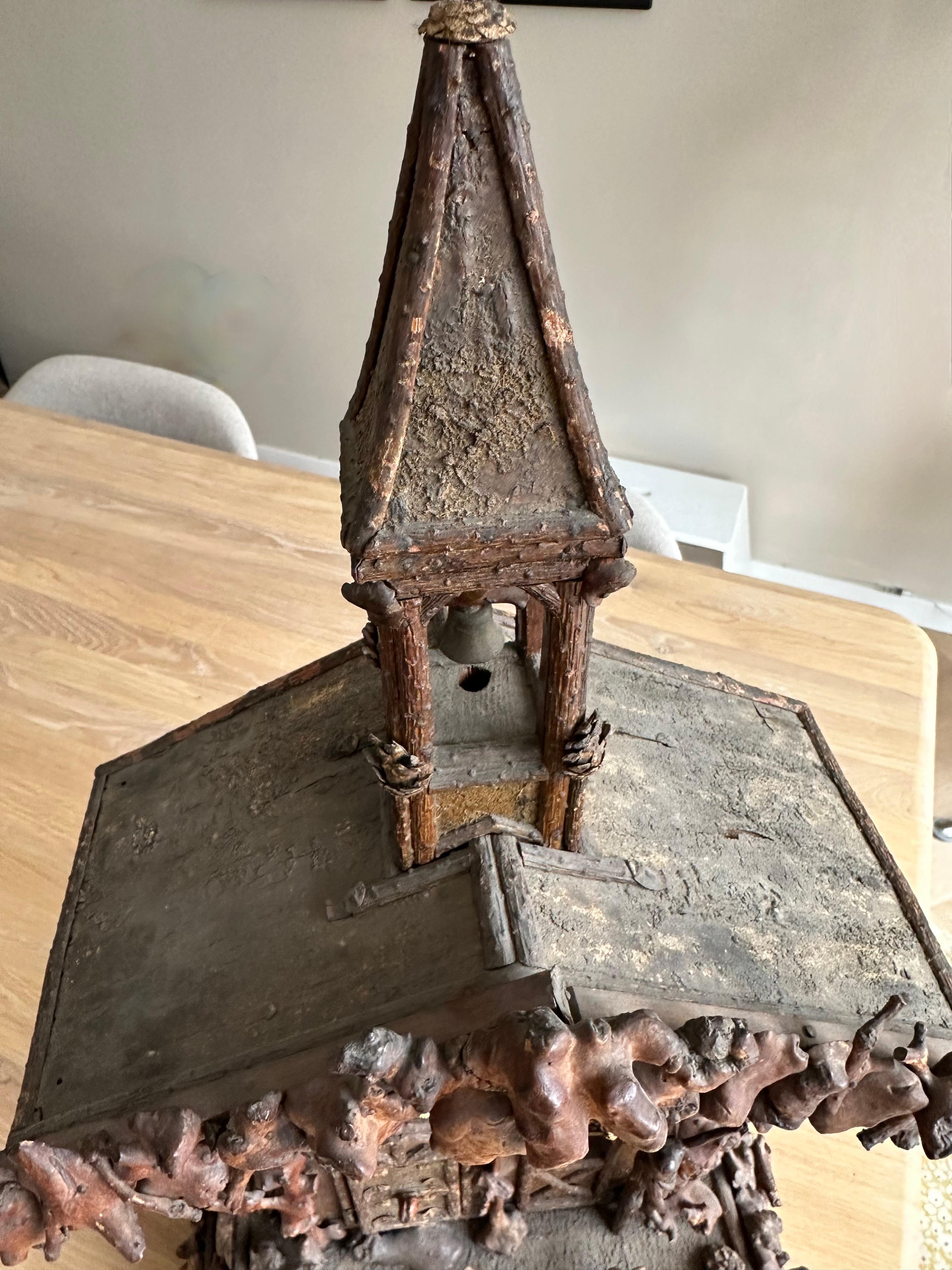 Rare Folk Art Black Forest Roots Wood Table Clock w. Ringer Monk, Cuckoo St. en vente 2