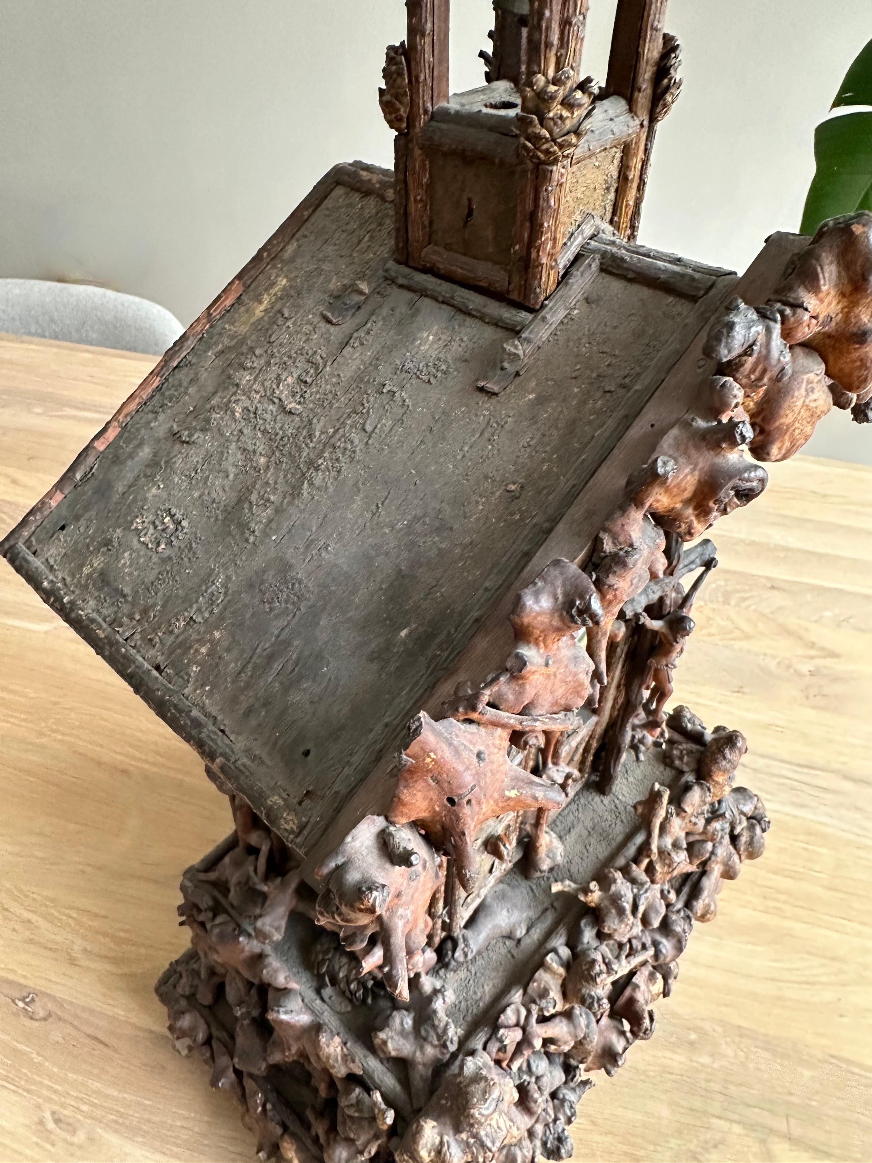 Rare Folk Art Black Forest Root Wood Table Clock w. Bell Ringer Monk, Cuckoo St. For Sale 6