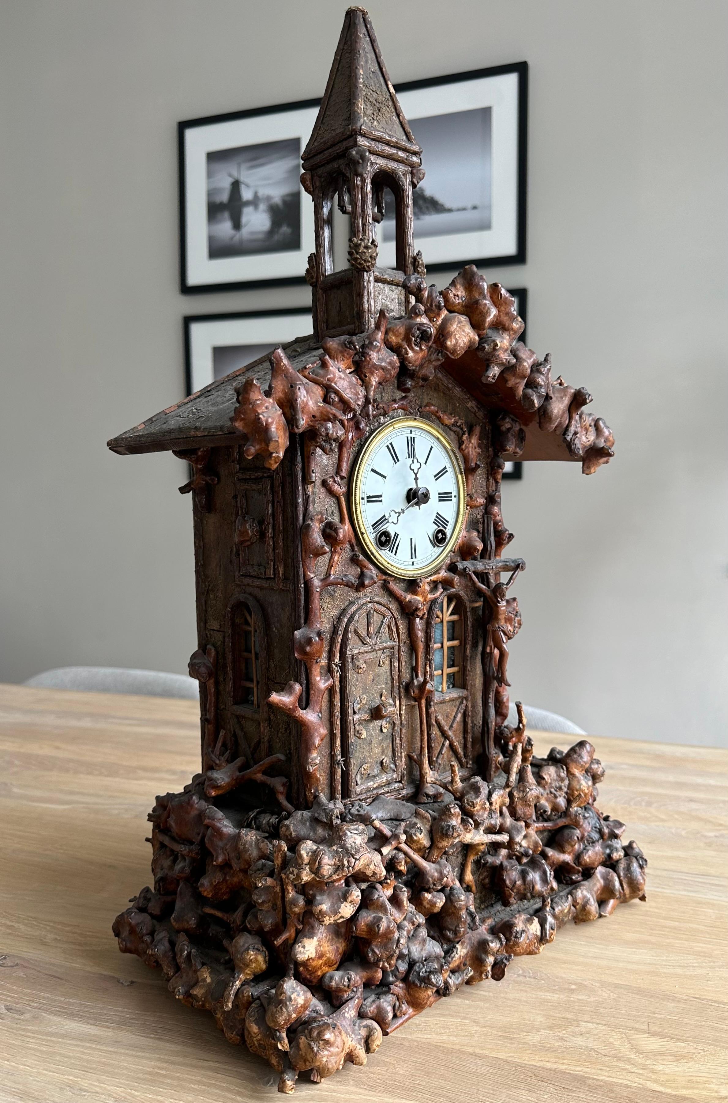 Rare Folk Art Black Forest Root Wood Table Clock w. Bell Ringer Monk, Cuckoo St. For Sale 5