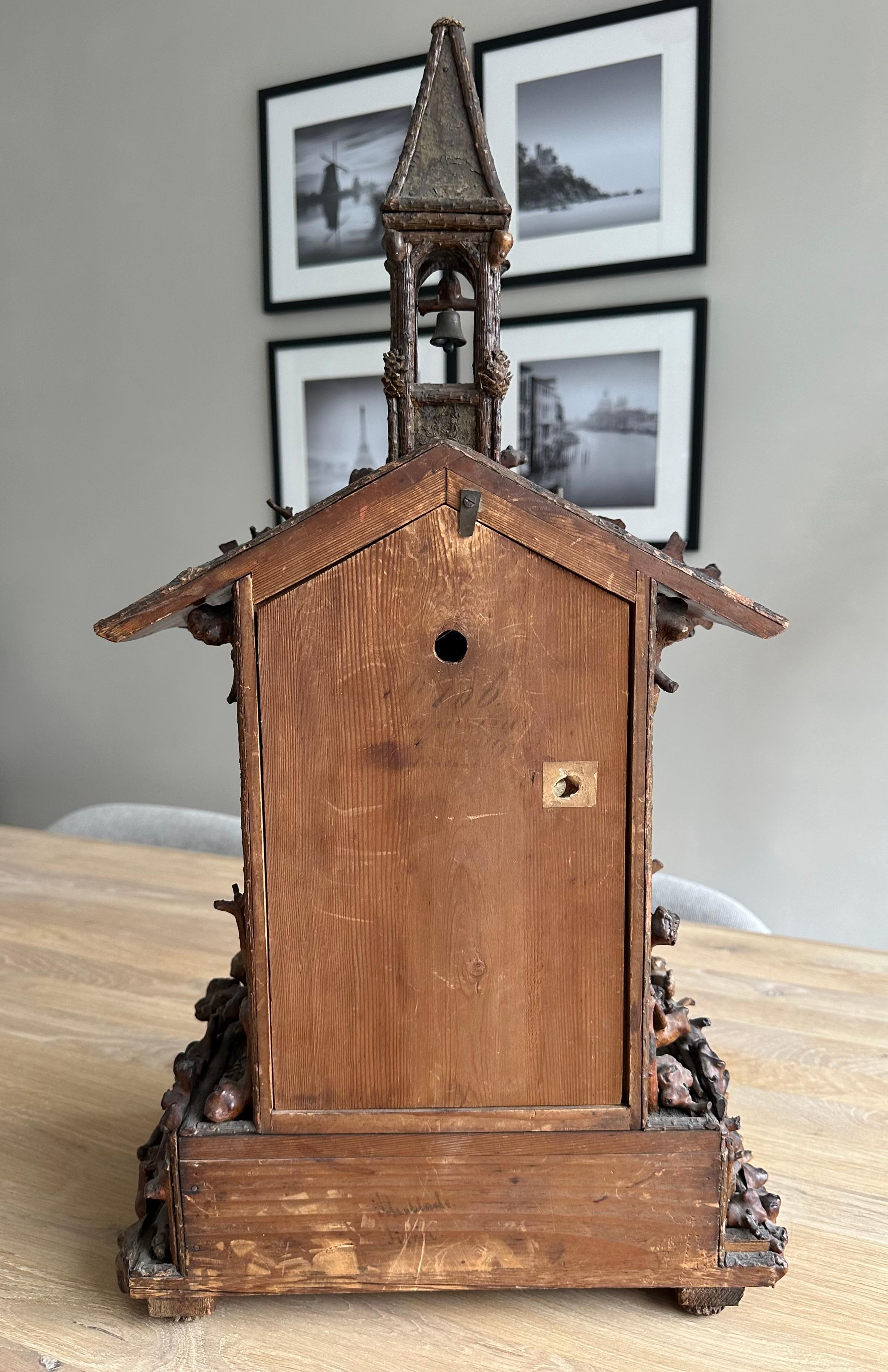 Rare Folk Art Black Forest Root Wood Table Clock w. Bell Ringer Monk, Cuckoo St. For Sale 9
