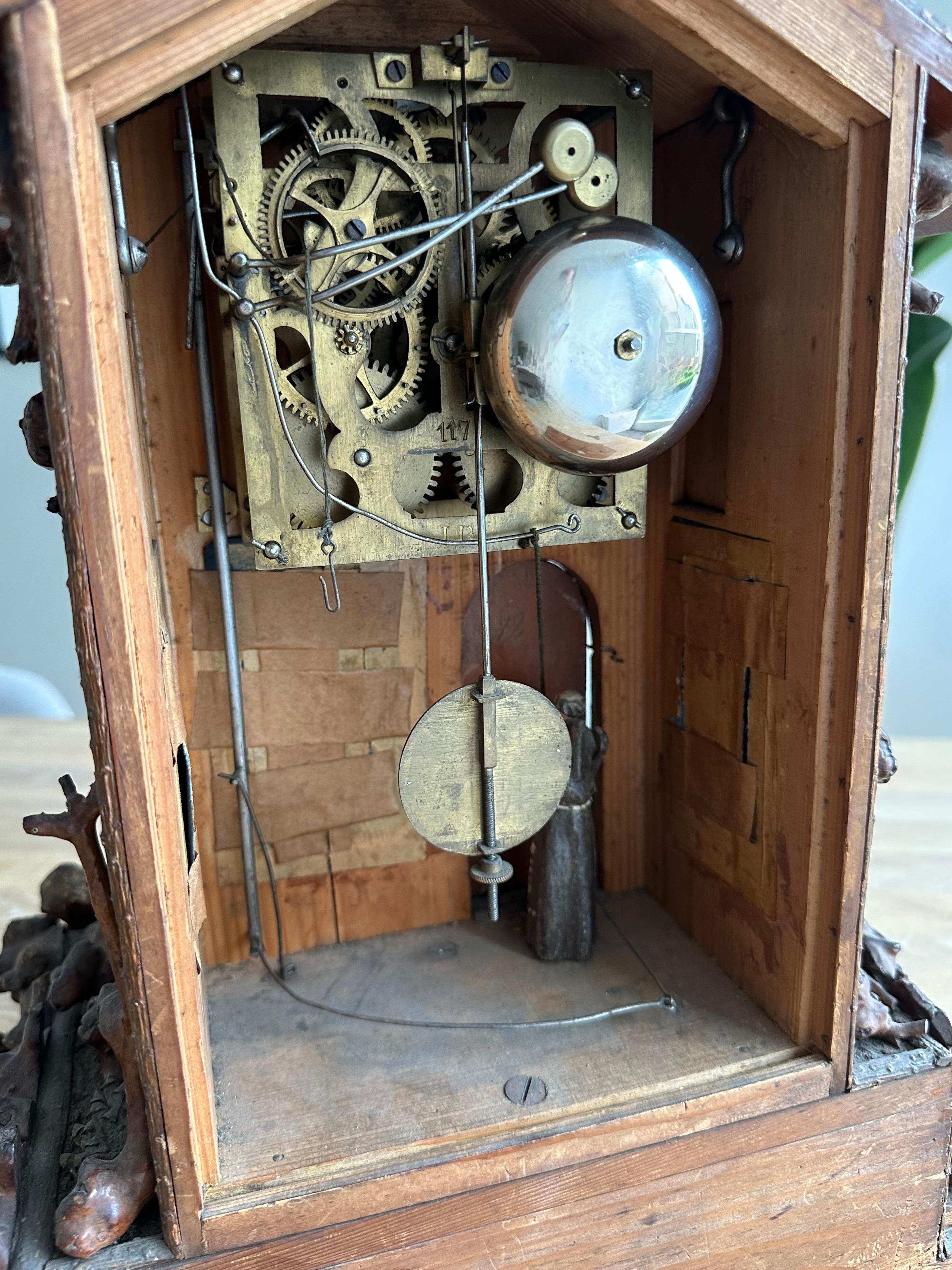 Rare Folk Art Black Forest Root Wood Table Clock w. Bell Ringer Monk, Cuckoo St. For Sale 10