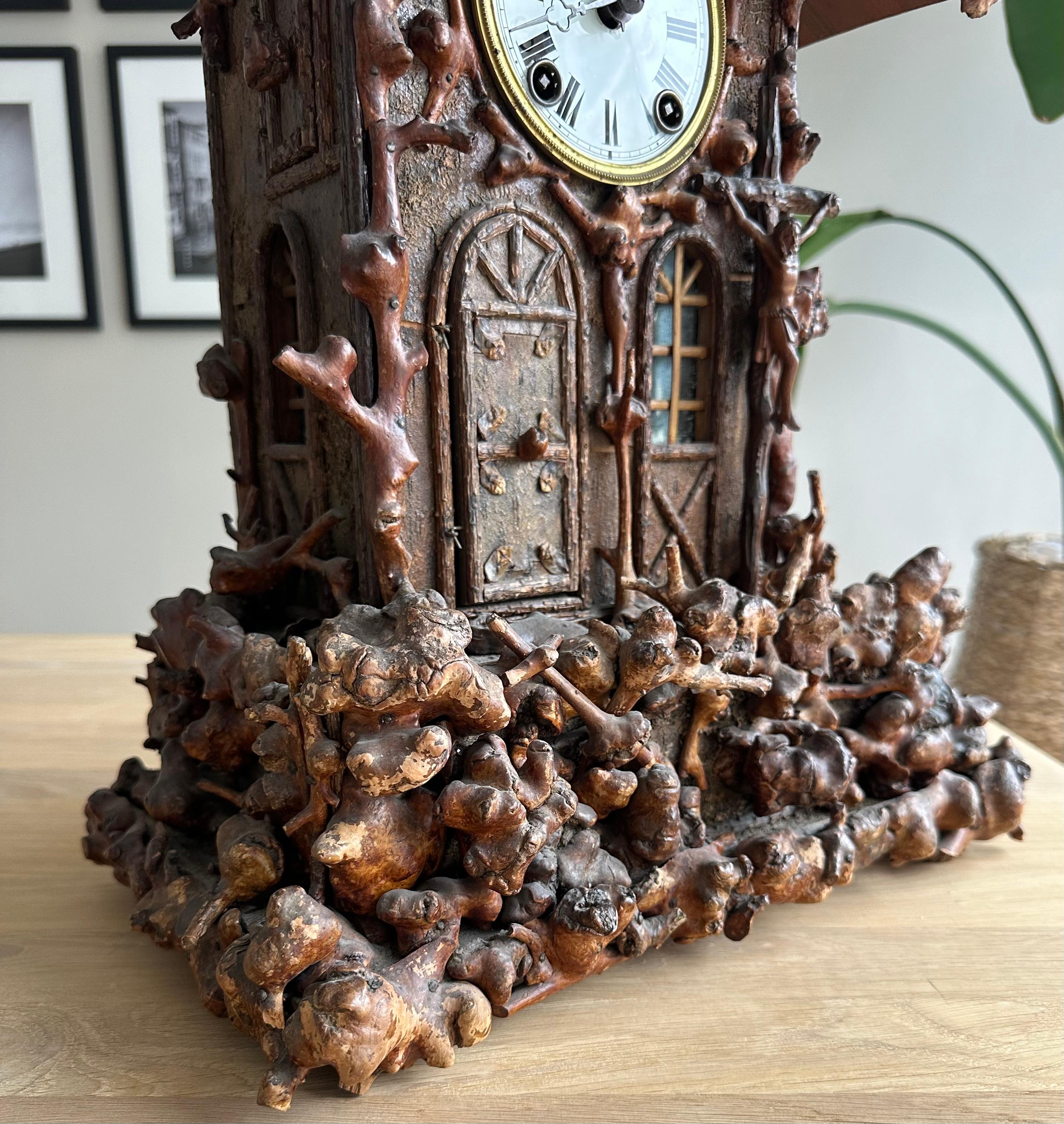 Rare Folk Art Black Forest Root Wood Table Clock w. Bell Ringer Monk, Cuckoo St. For Sale 12
