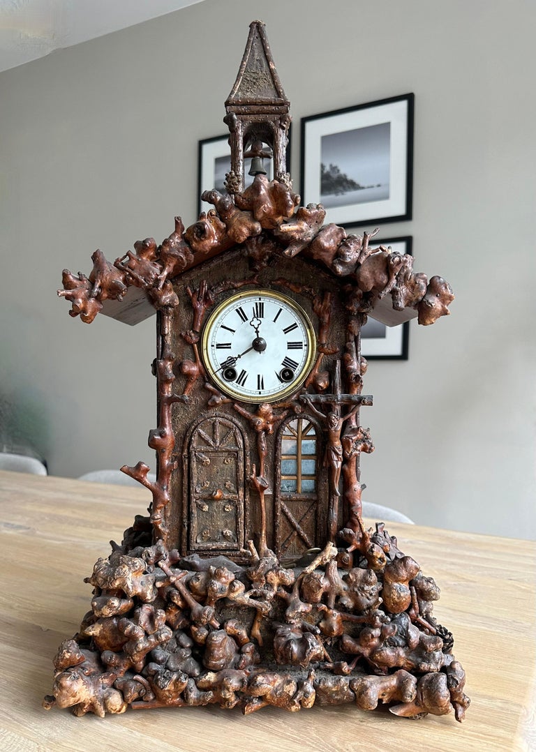 Rare Folk Art Black Forest Root Wood Table Clock w. Bell Ringer
