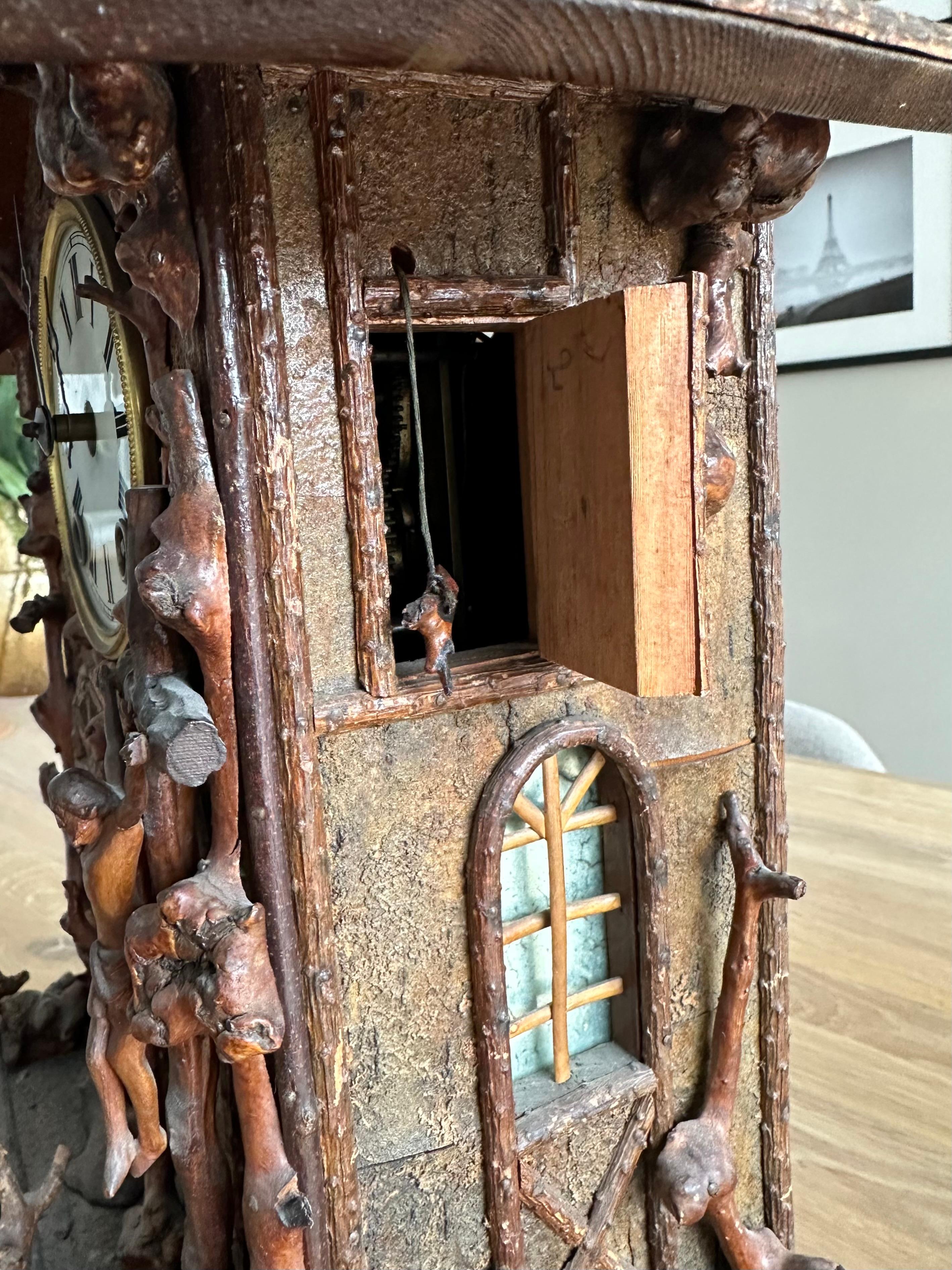 Rare Folk Art Black Forest Root Wood Table Clock w. Bell Ringer Monk, Cuckoo St. For Sale 11